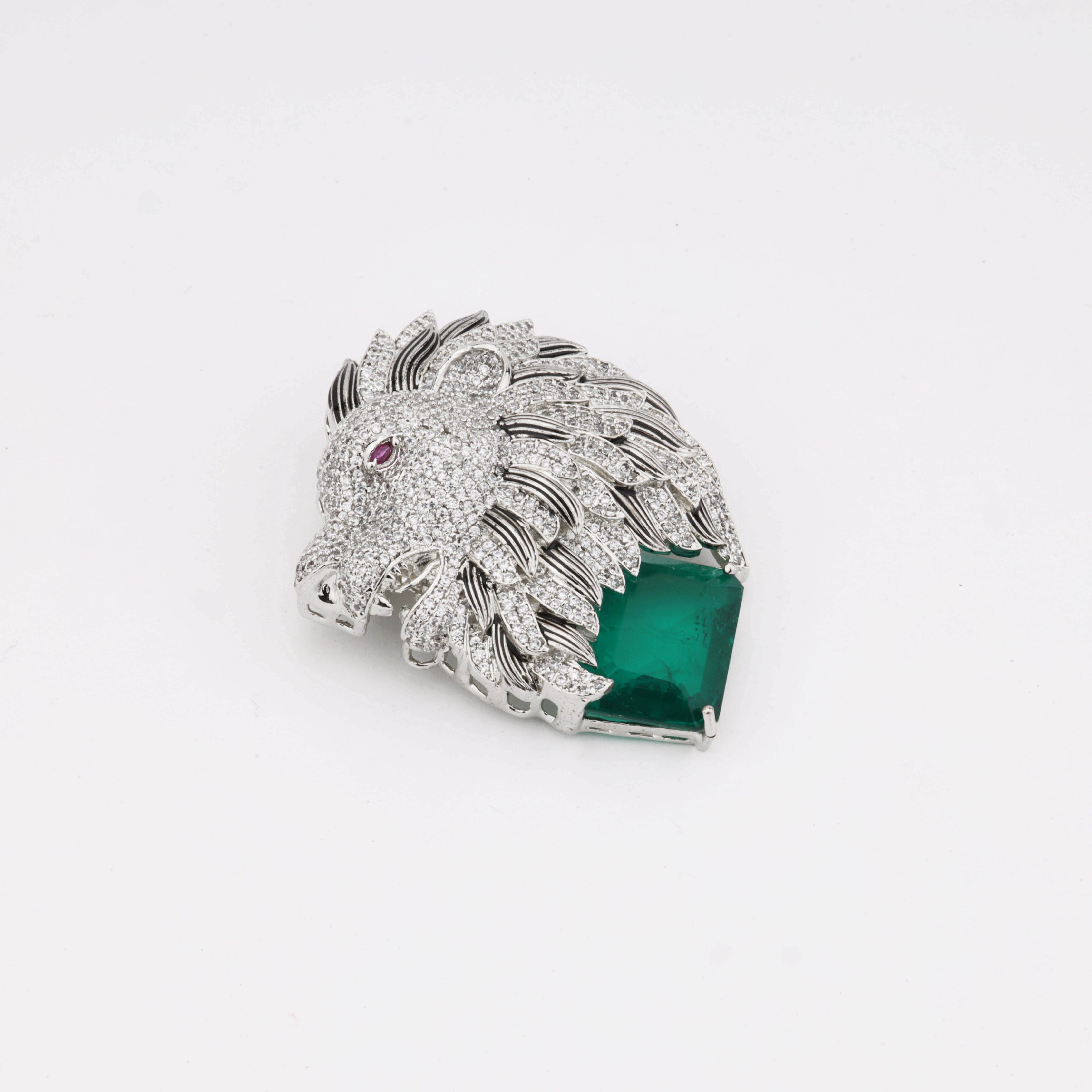 Royal Lion Head Crystal Statement Brooch | Silver Finish