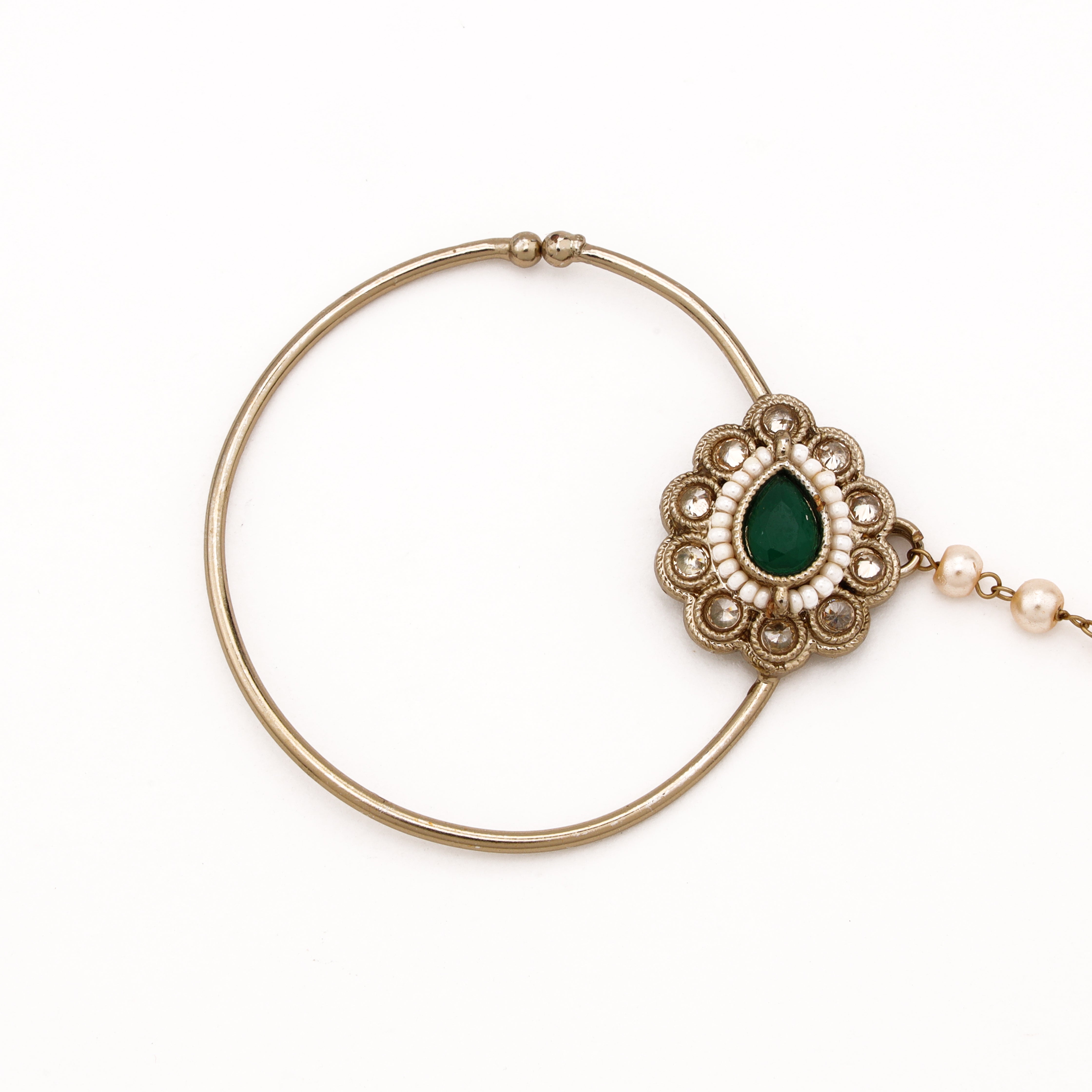 Antique gold Nivara emerald teardrop pearl nath with ornate white stone halo, large hoop and pearl-beaded chain from US Catalog