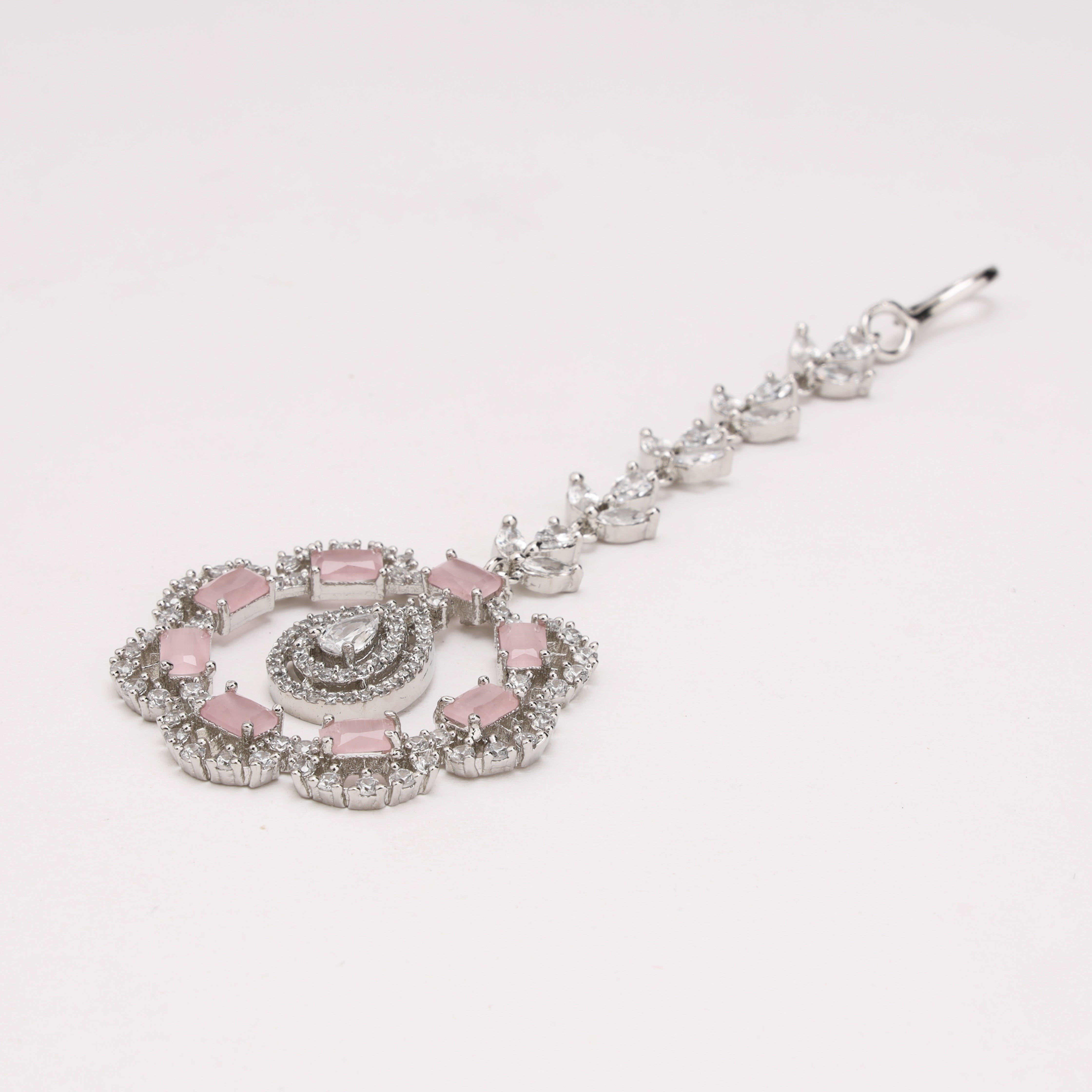 Silver Finish Baby Pink Stone Floral Ring American Diamond Maang Tikka
