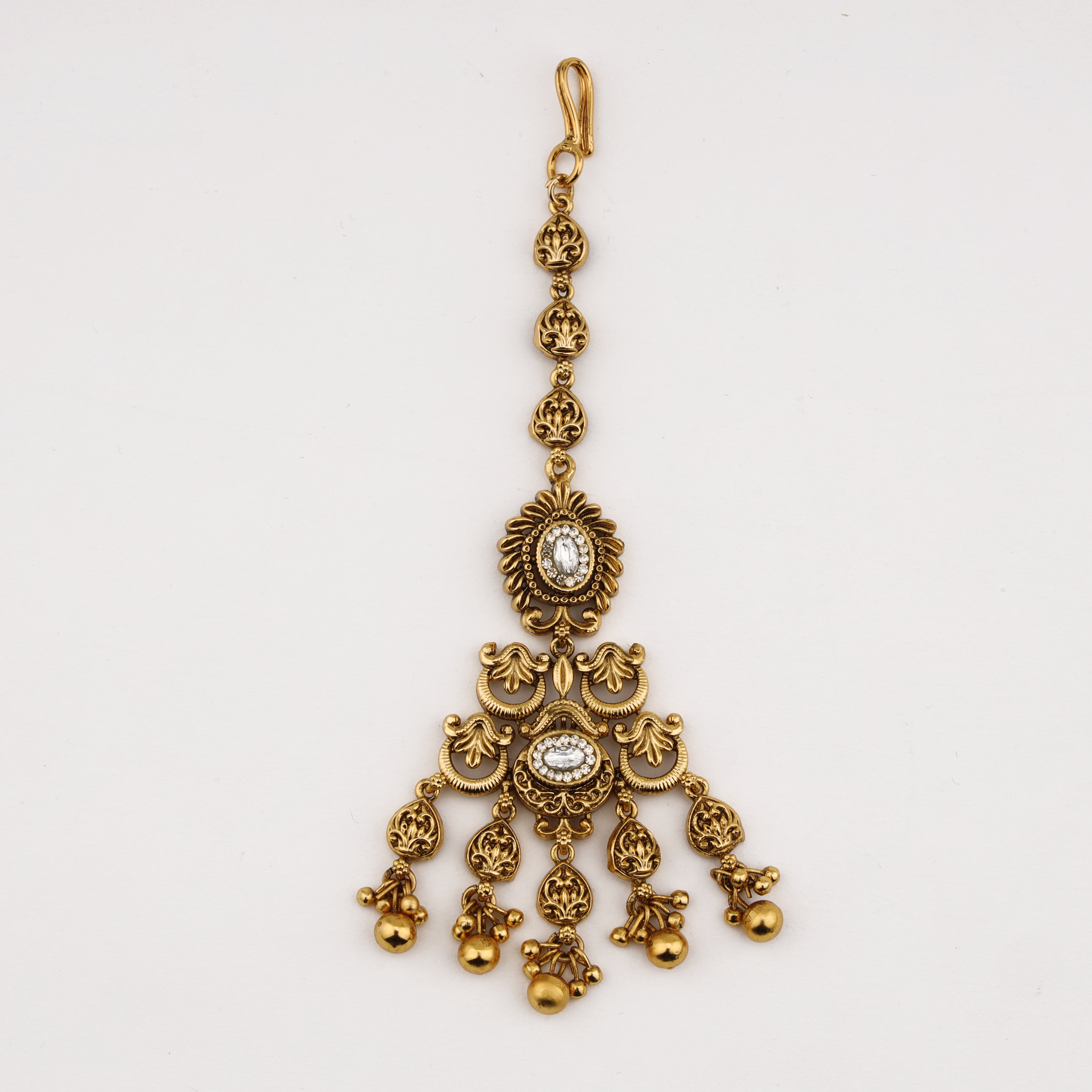 Antique Floral Dangler Maang Tika with crystal accents and antique gold finish by US Catalog