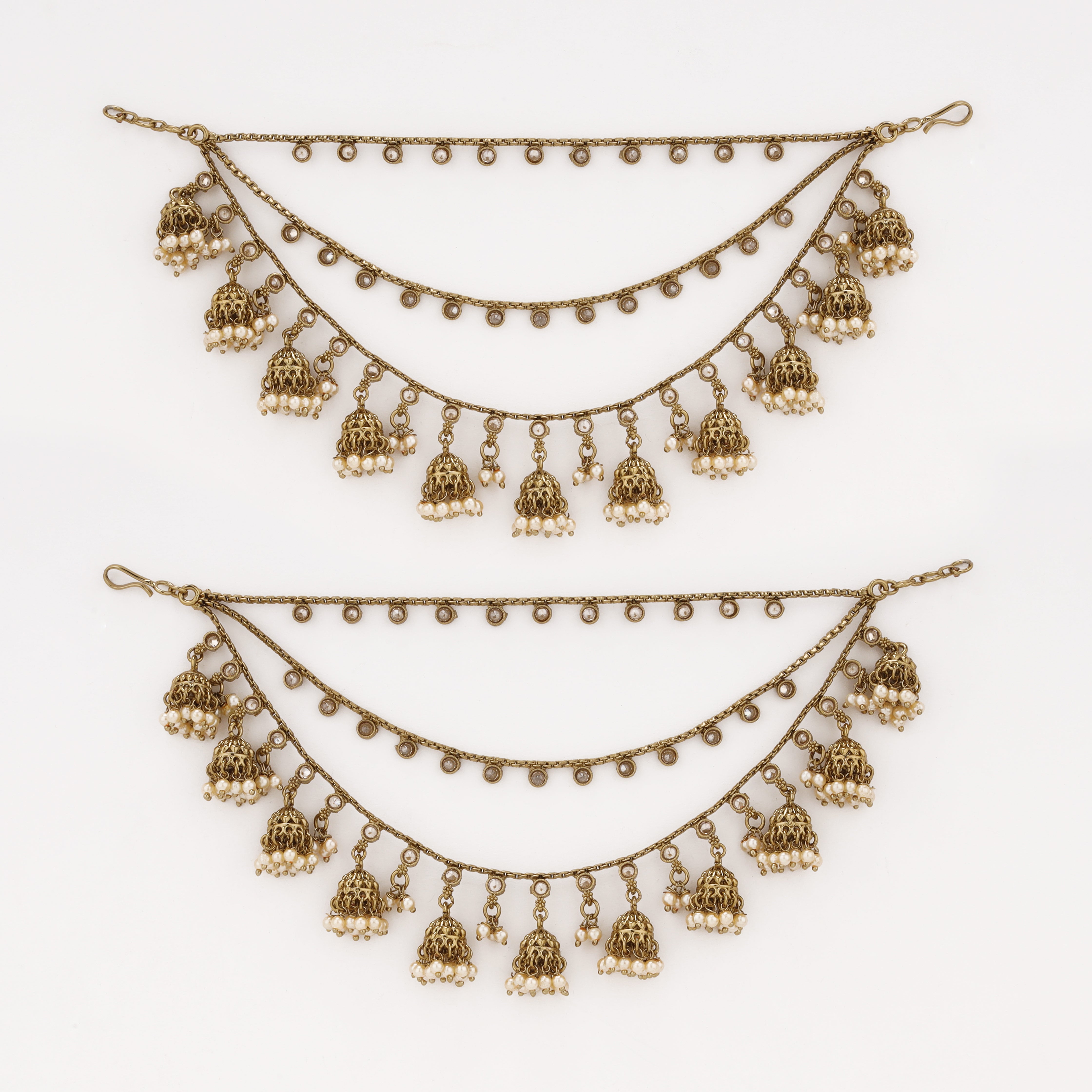 Royal Pearl Jhumki Layered antique gold ear chain with pearl detailing by US Catalog