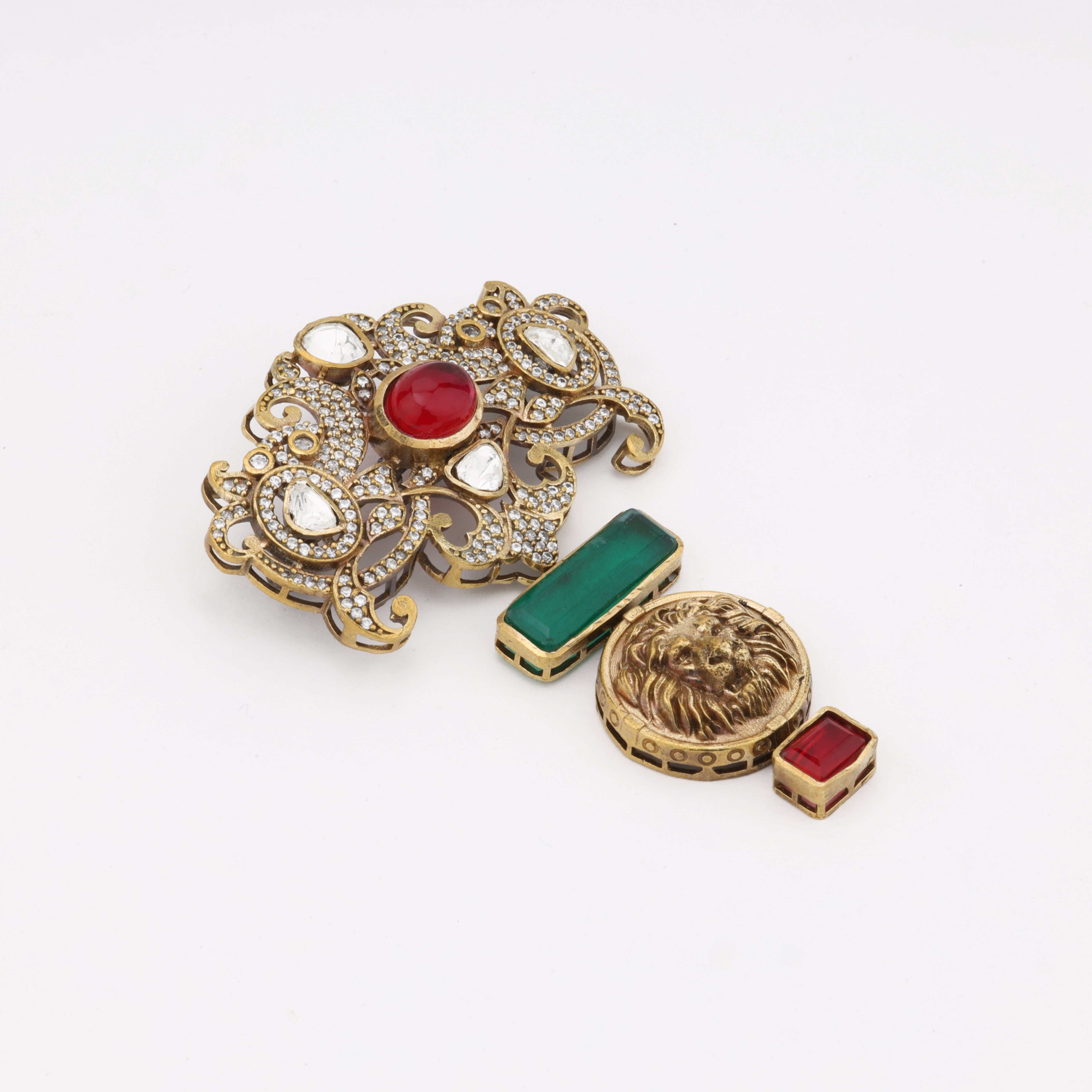Royal Lion Crest Crystal Statement Brooch | Antique Gold Finish