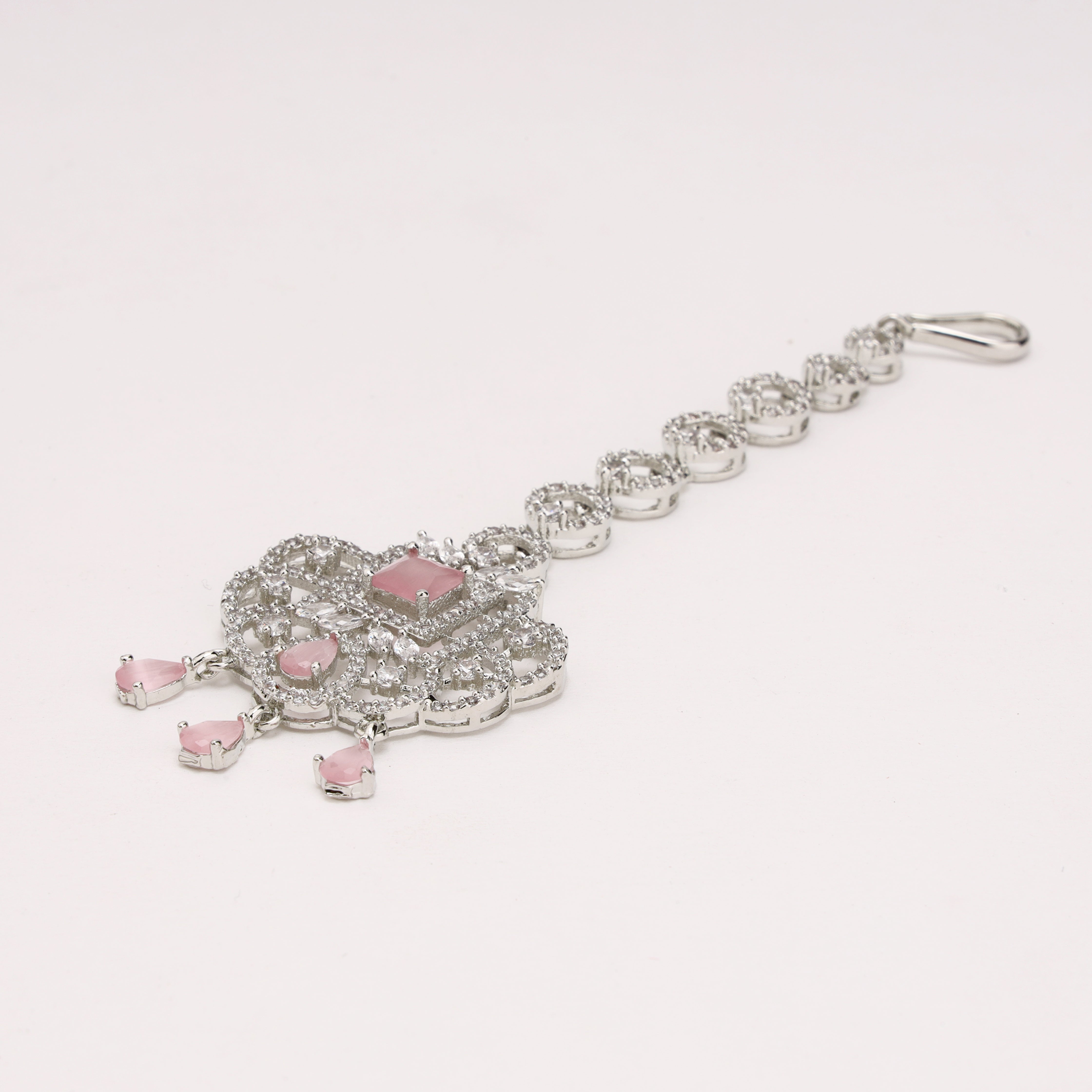 Silver Finish Baby Pink Stone Square American Diamond Maang Tikka