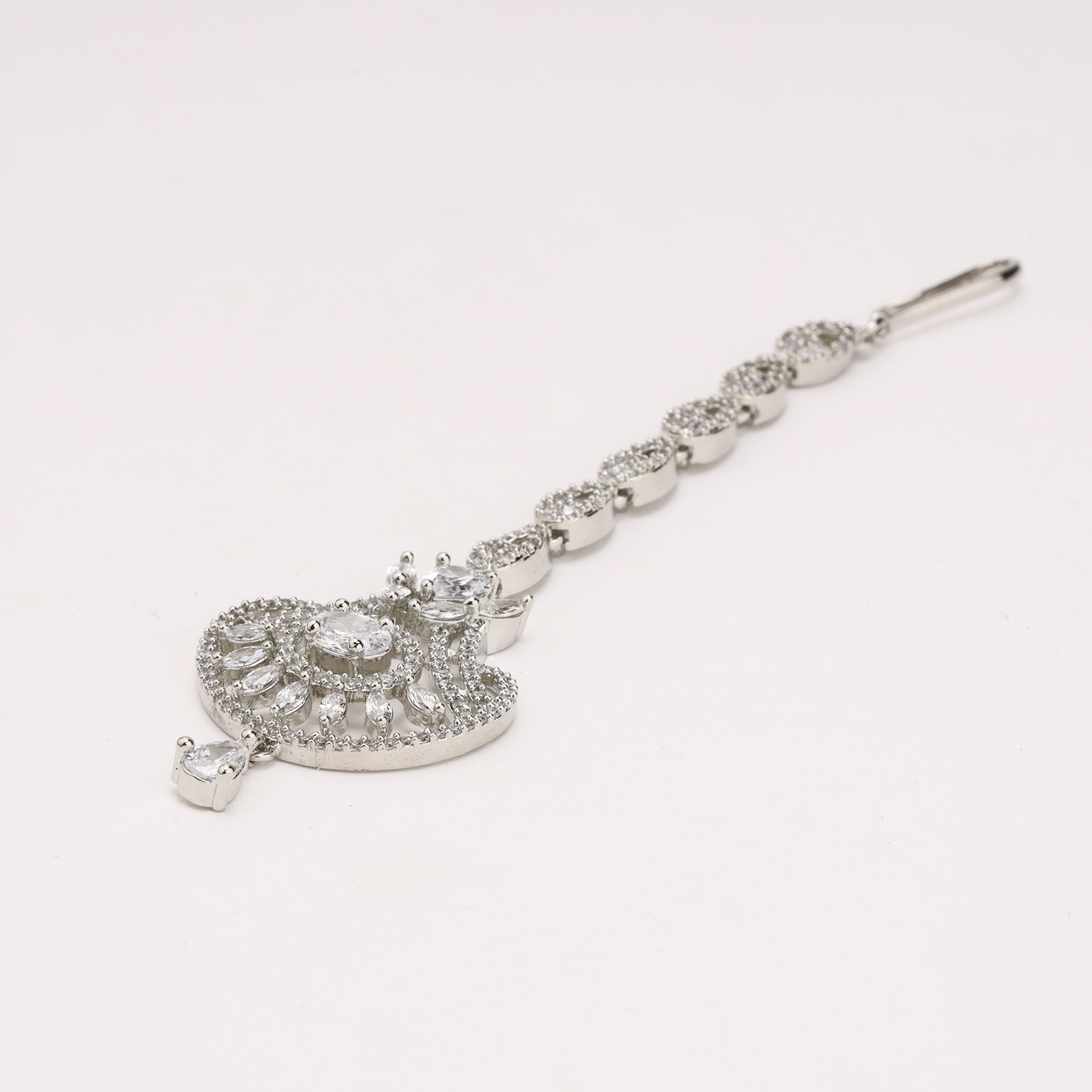 Silver Finish American Diamond Oval Solitaire Chand Maang Tikka