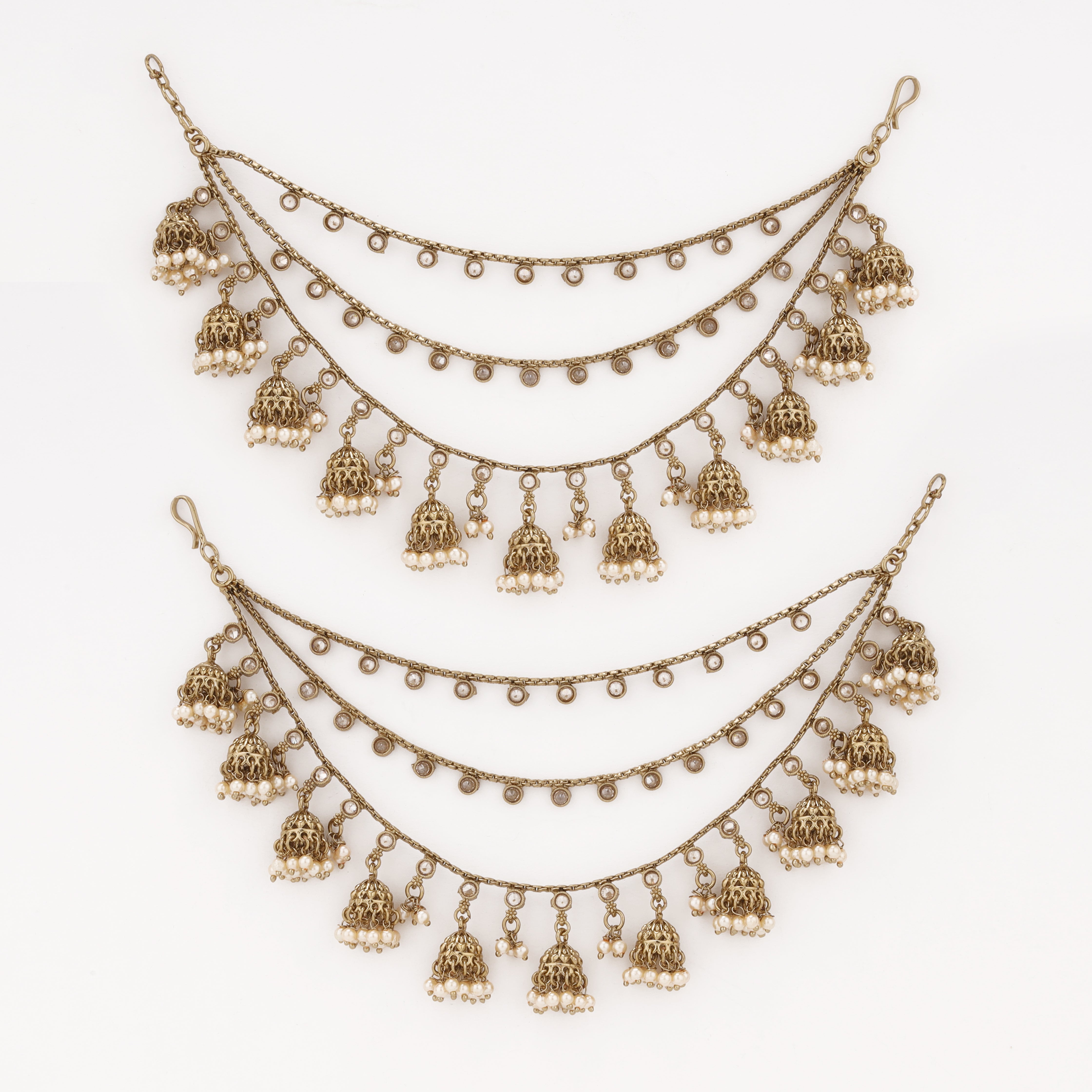 Royal Pearl Jhumki Layered antique gold ear chain with pearl detailing by US Catalog