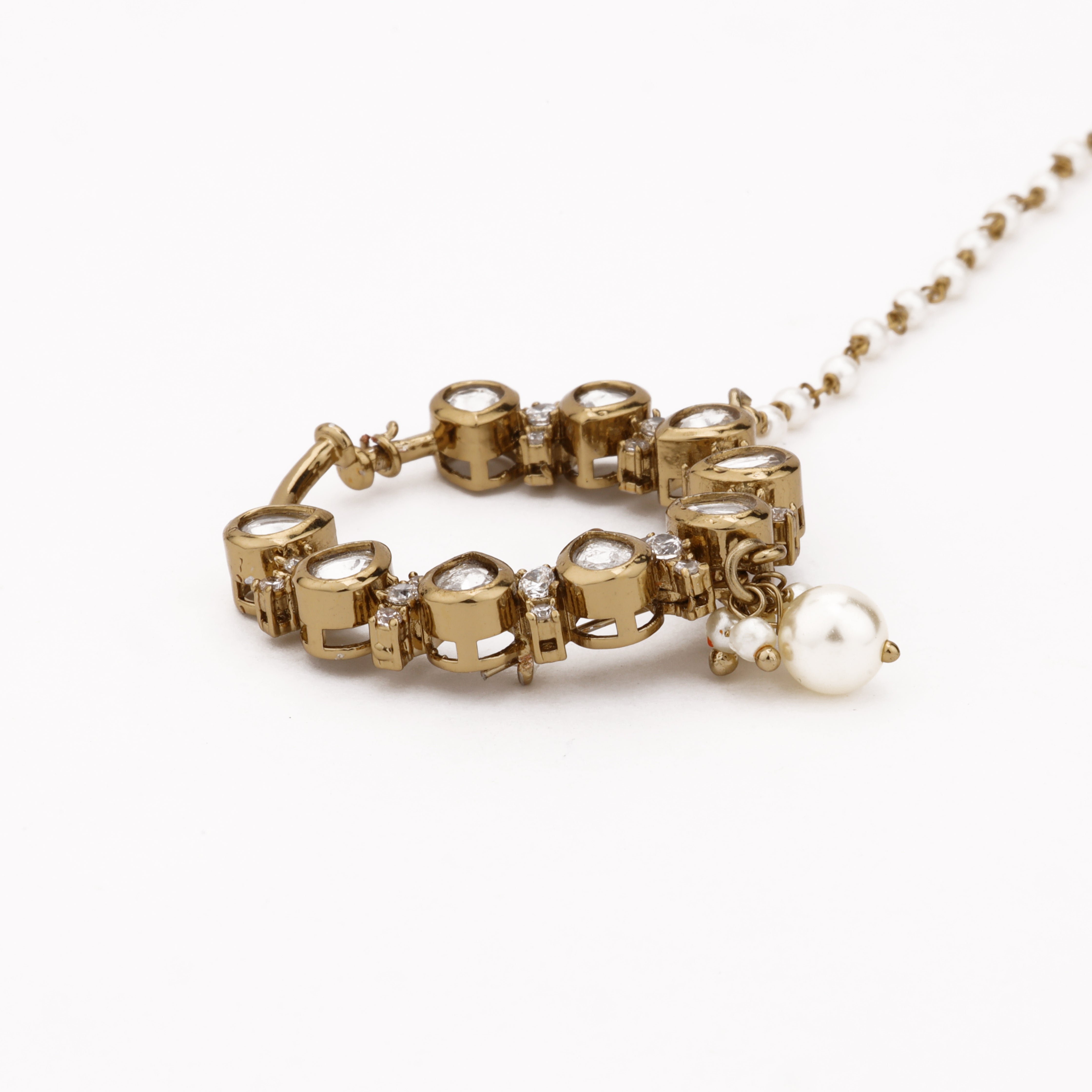 Antique gold Tanirika teardrop polki pearl nath with white stones, crystal accents and pearl-beaded chain from US Catalog