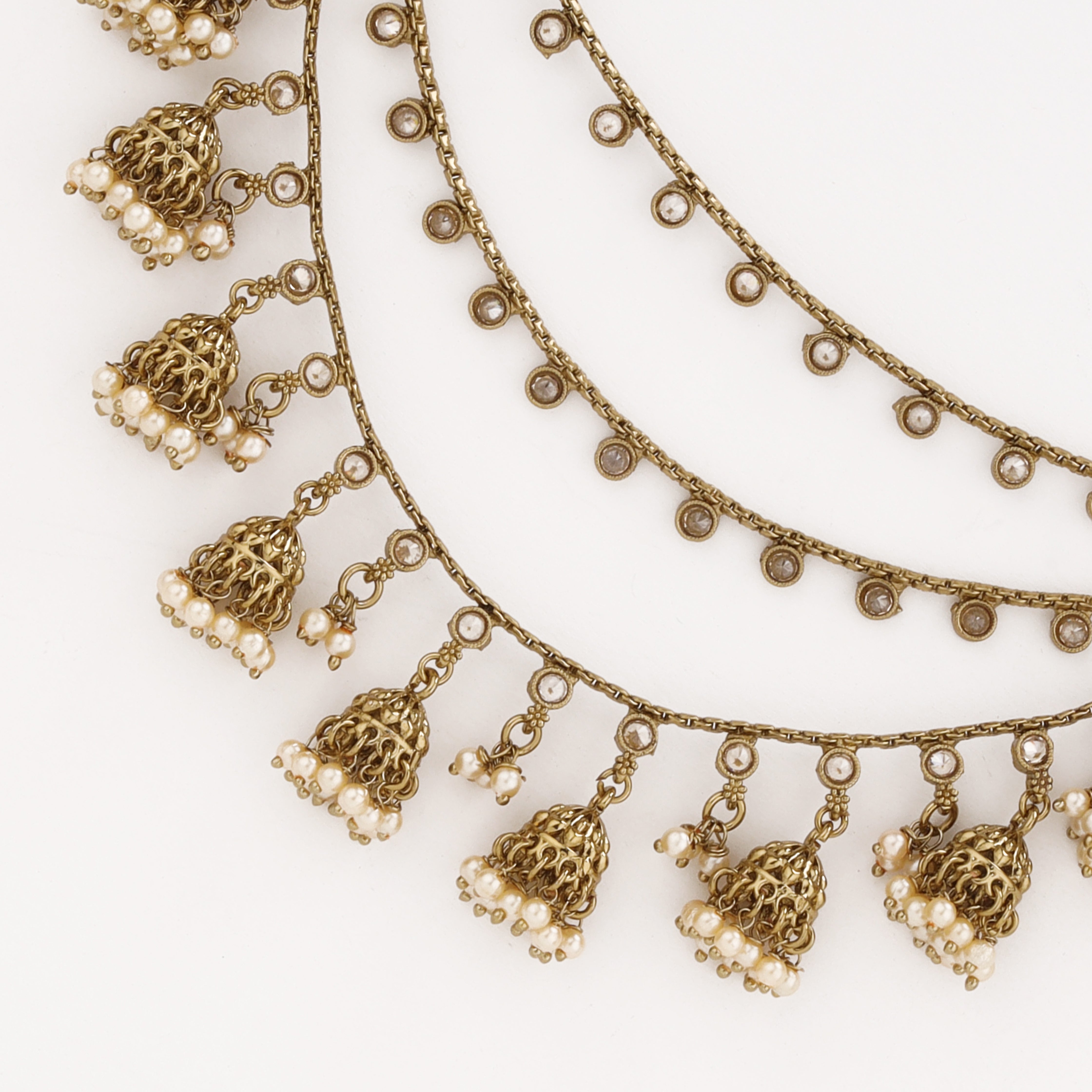 Royal Pearl Jhumki Layered antique gold ear chain with pearl detailing by US Catalog