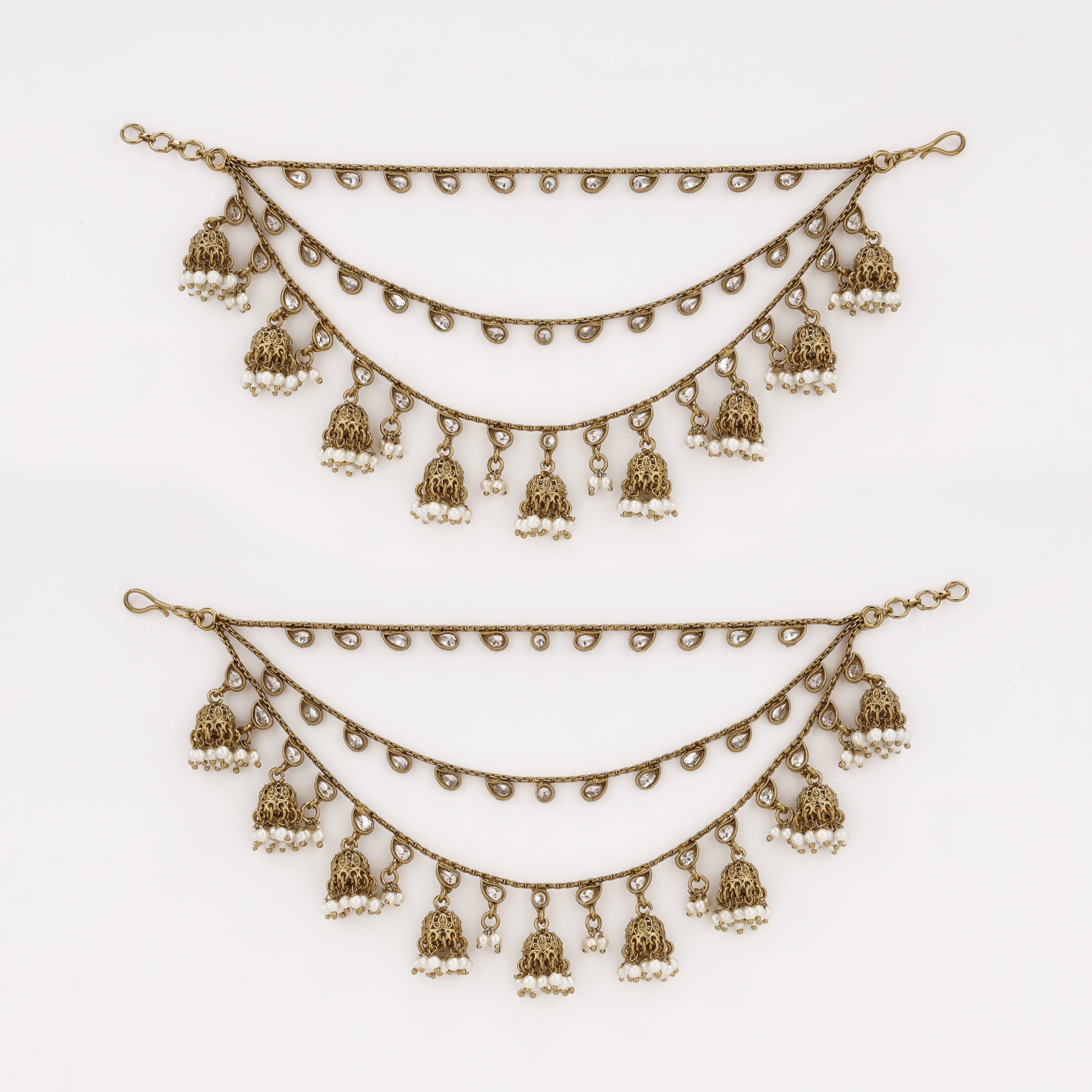 Kundan Pearl Jhumki layered antique gold ear chain with pearl detailing by US Catalog