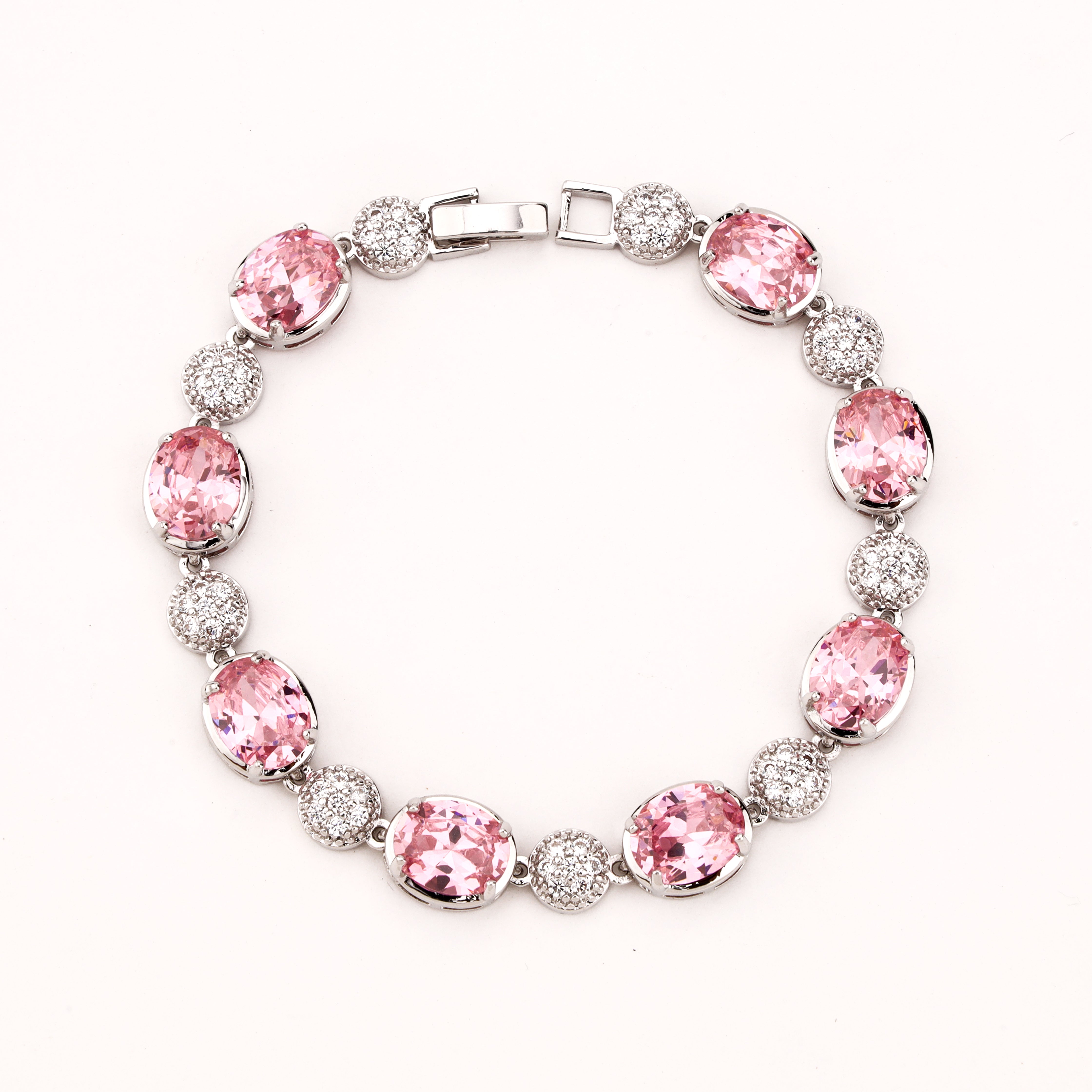 Roselle pink oval crystal bracelet with clear pavé clusters and silver-tone setting