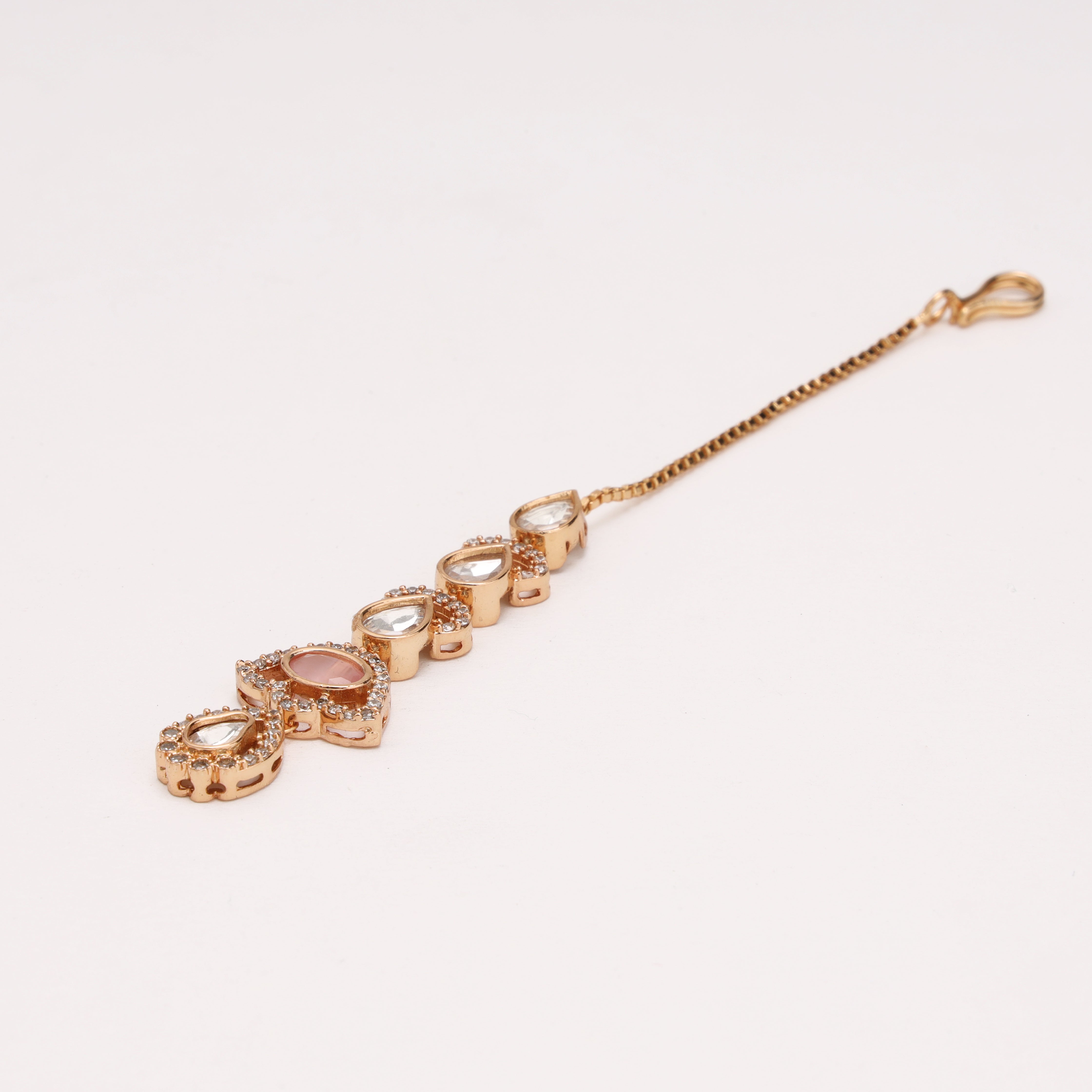 Rose Gold Peach Stone Sleek Linear American Diamond Maang Tikka