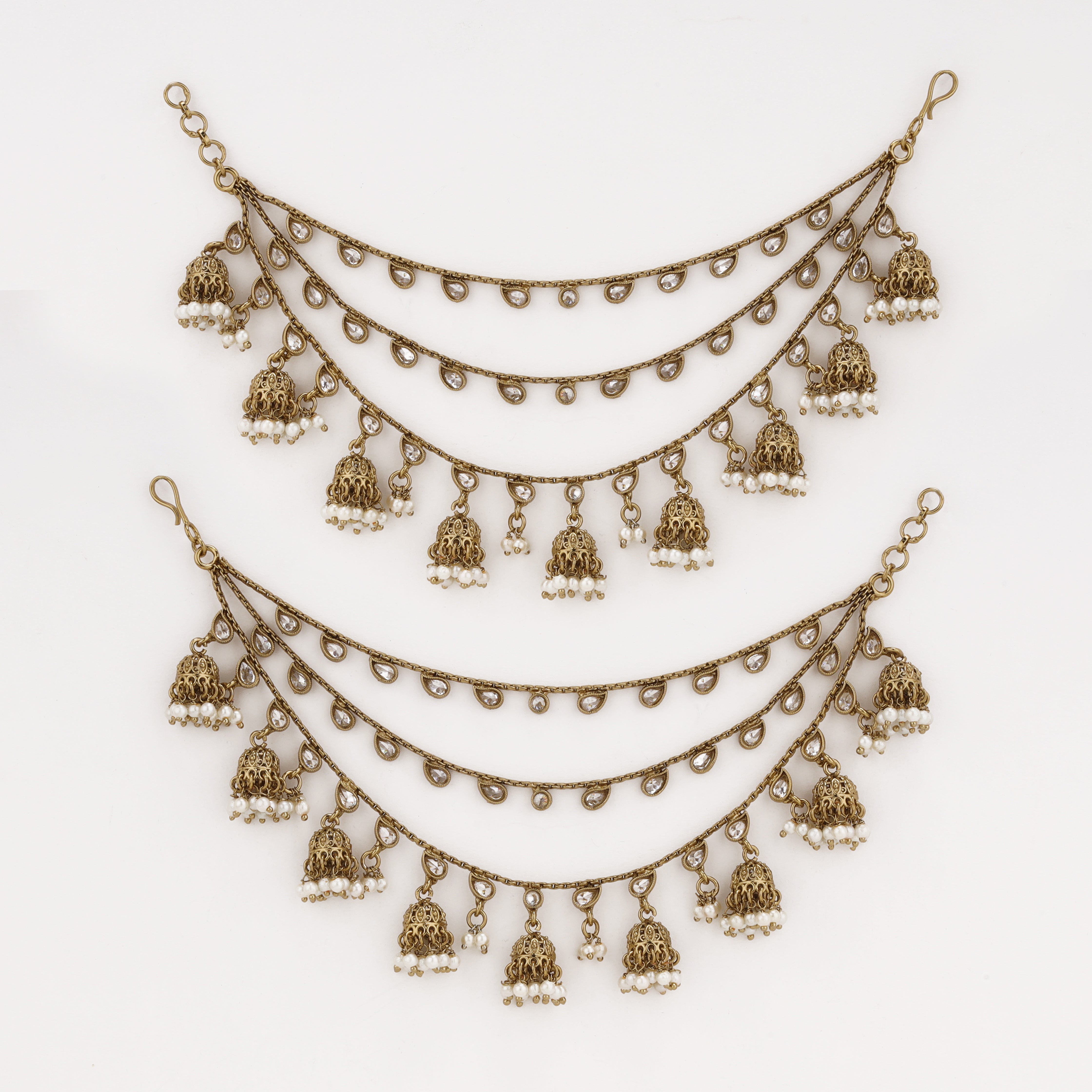 Kundan Pearl Jhumki layered antique gold ear chain with pearl detailing by US Catalog