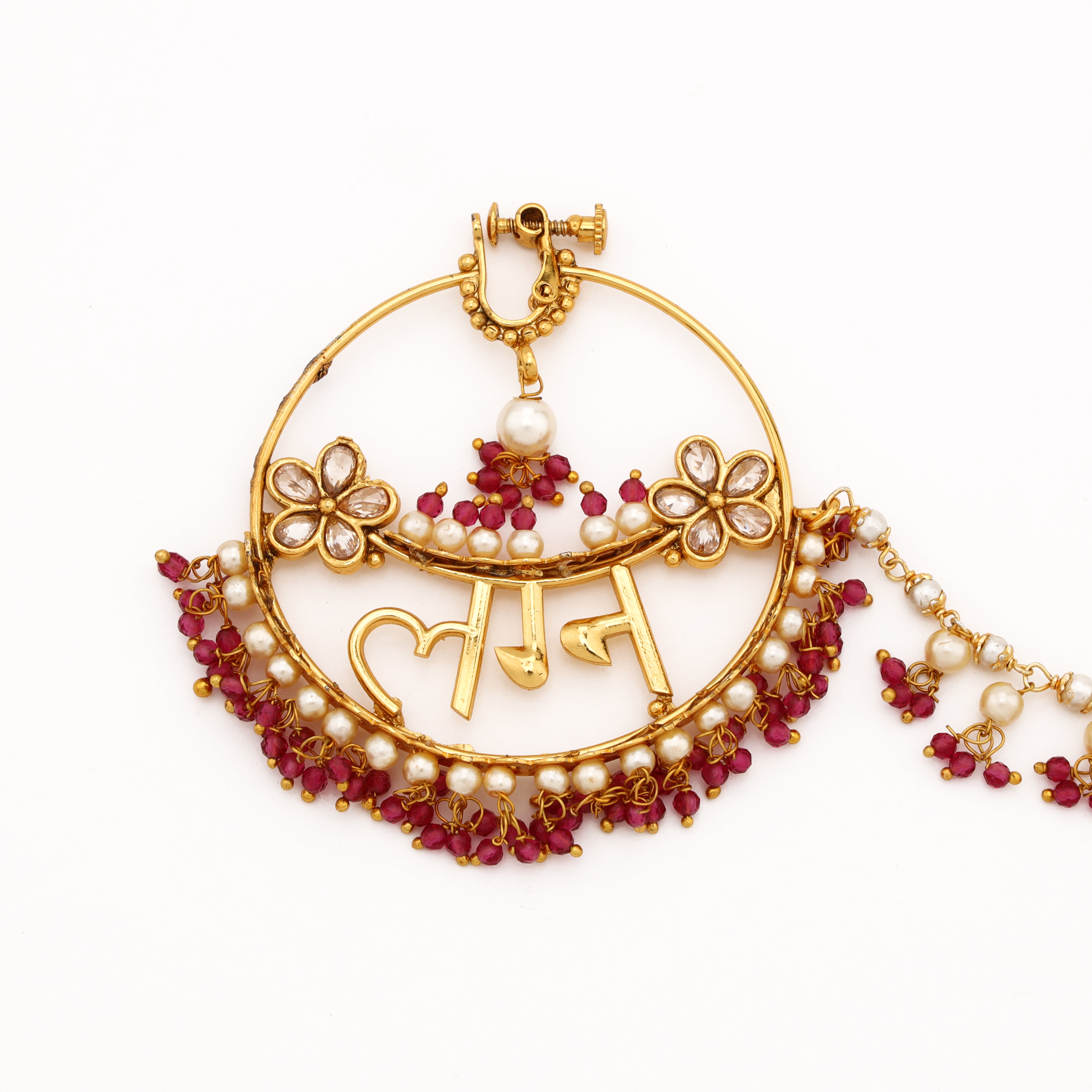 Gold Rani Script floral bridal nath with white stones, ruby-red beads, pearl fringe and embellished chain from US Catalog