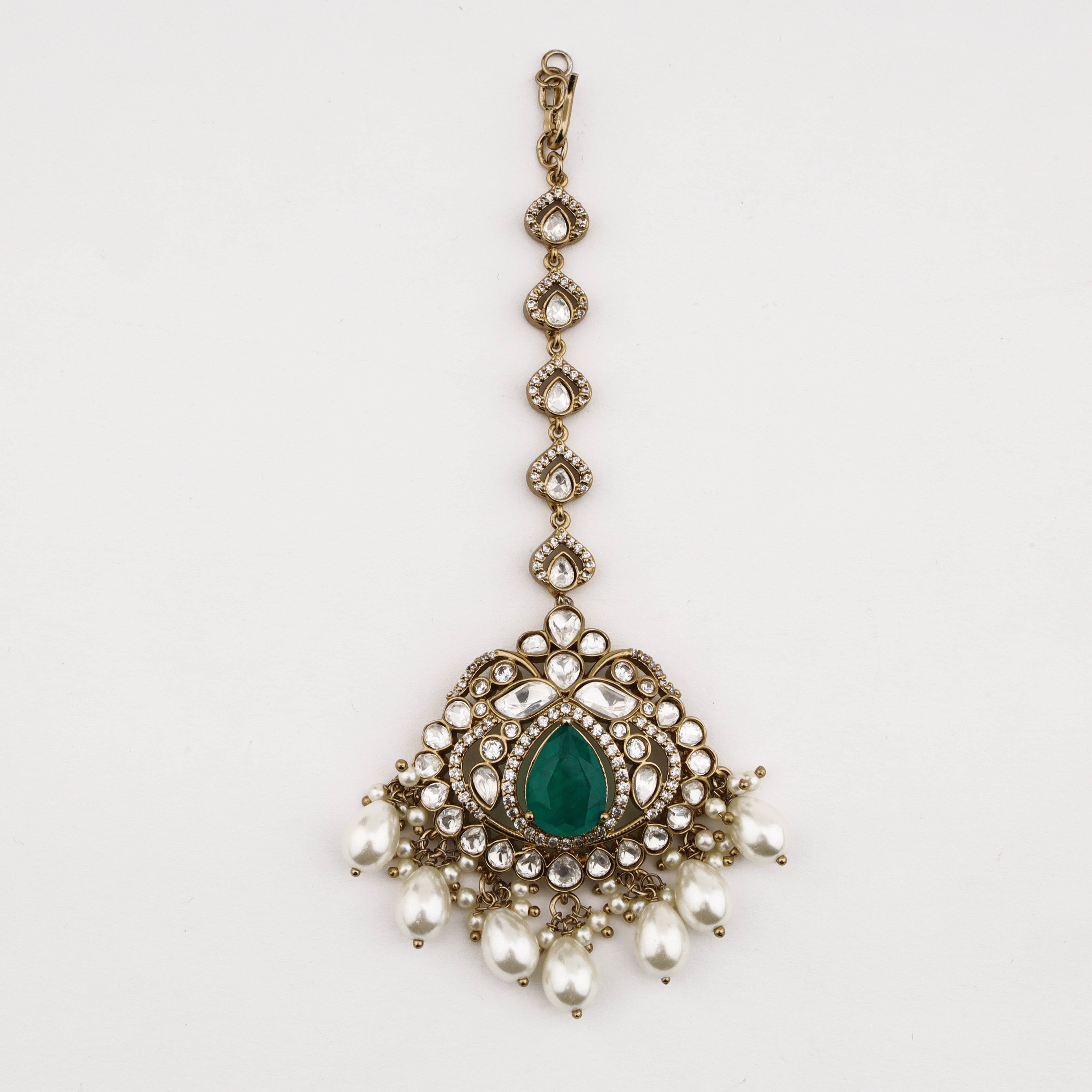 Emerald Pearl Crystal Maang Tika with green center stone, crystal detailing and pearl drops by US Catalog