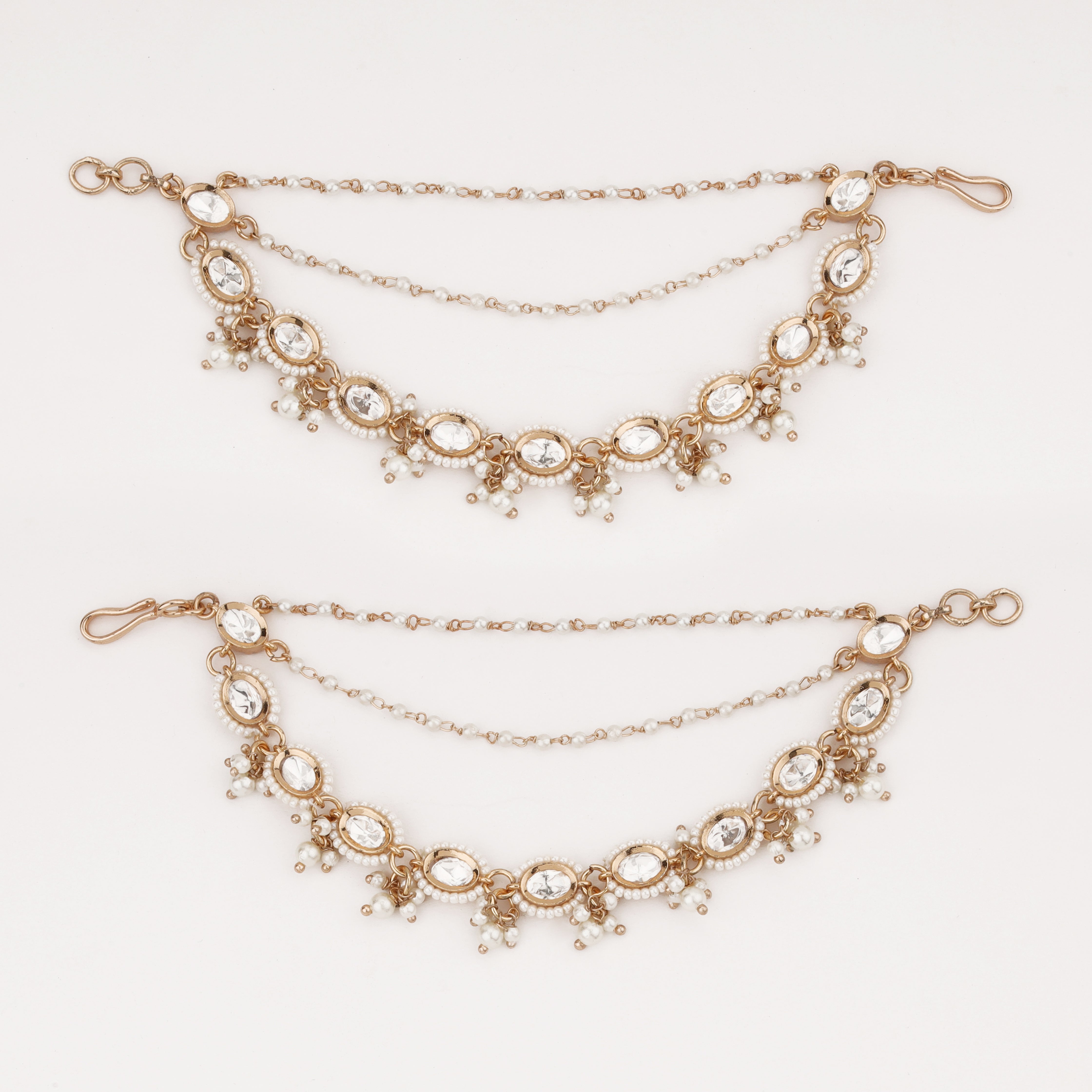 Luxury pearl crystal ear chain with white pearls and sparkling stones for women by US Catalog