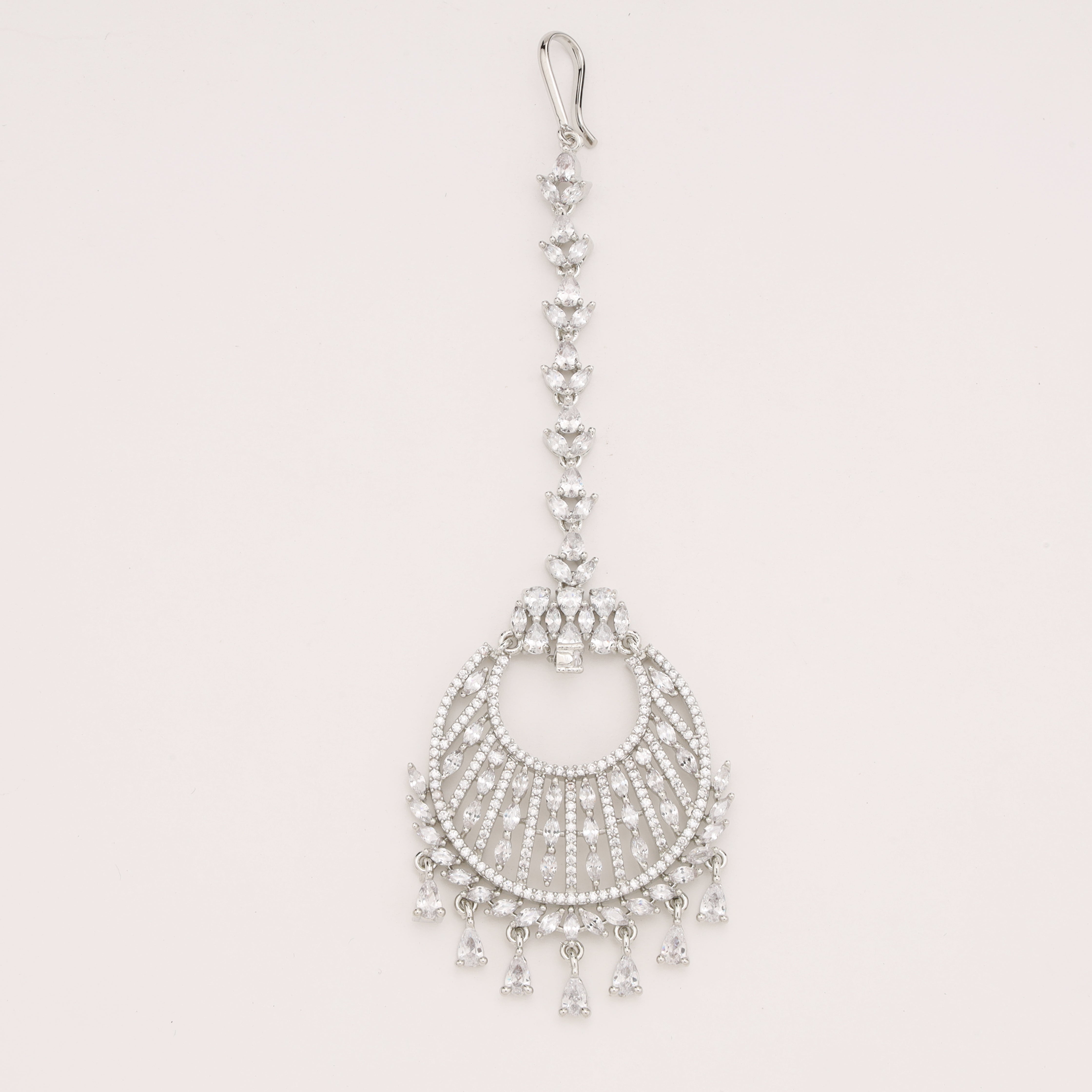 Silver Finish Sunburst Arch American Diamond Maang Tikka with Pear Drops