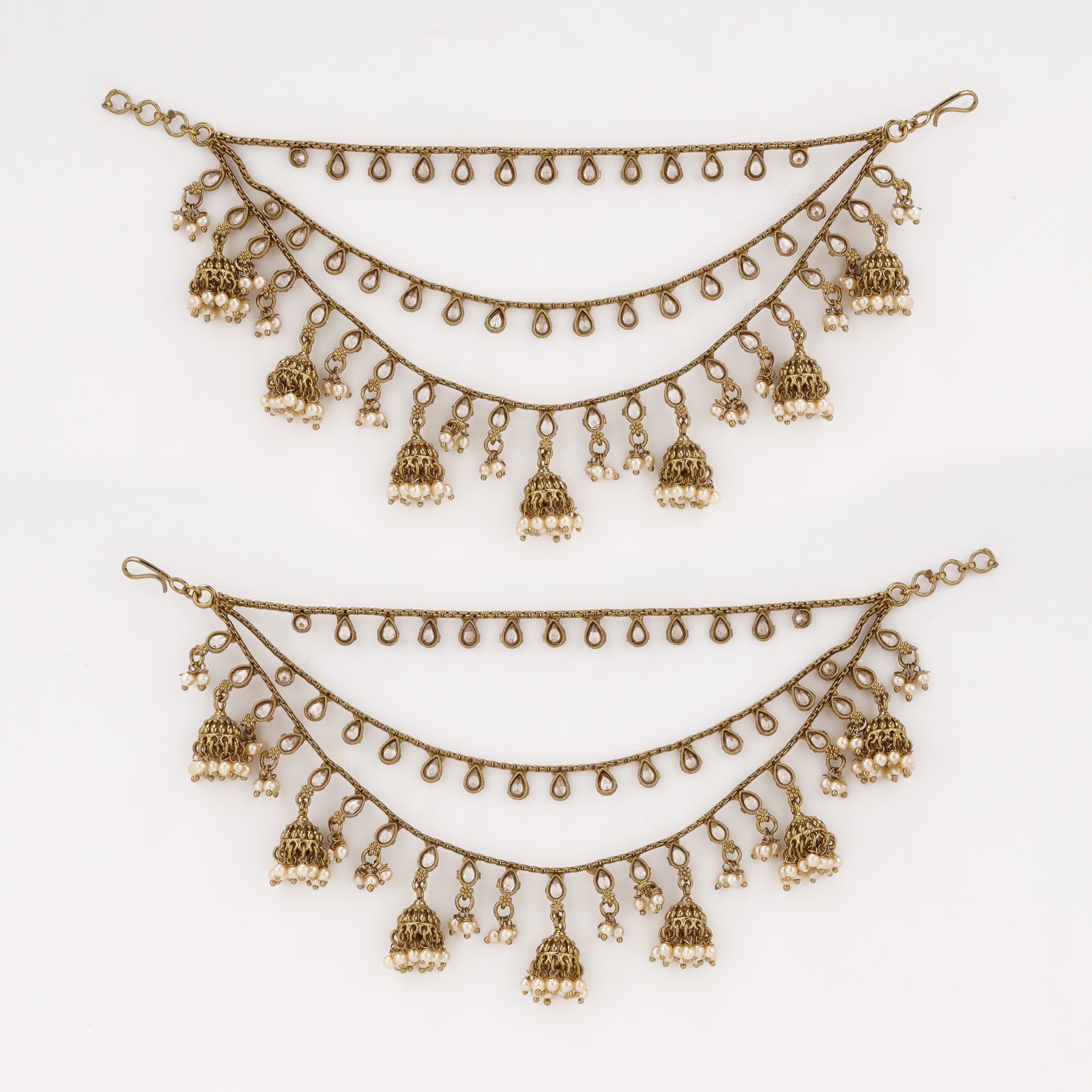Pearl Jhumki Teardrop layered antique gold ear chain with pearl detailing by US Catalog