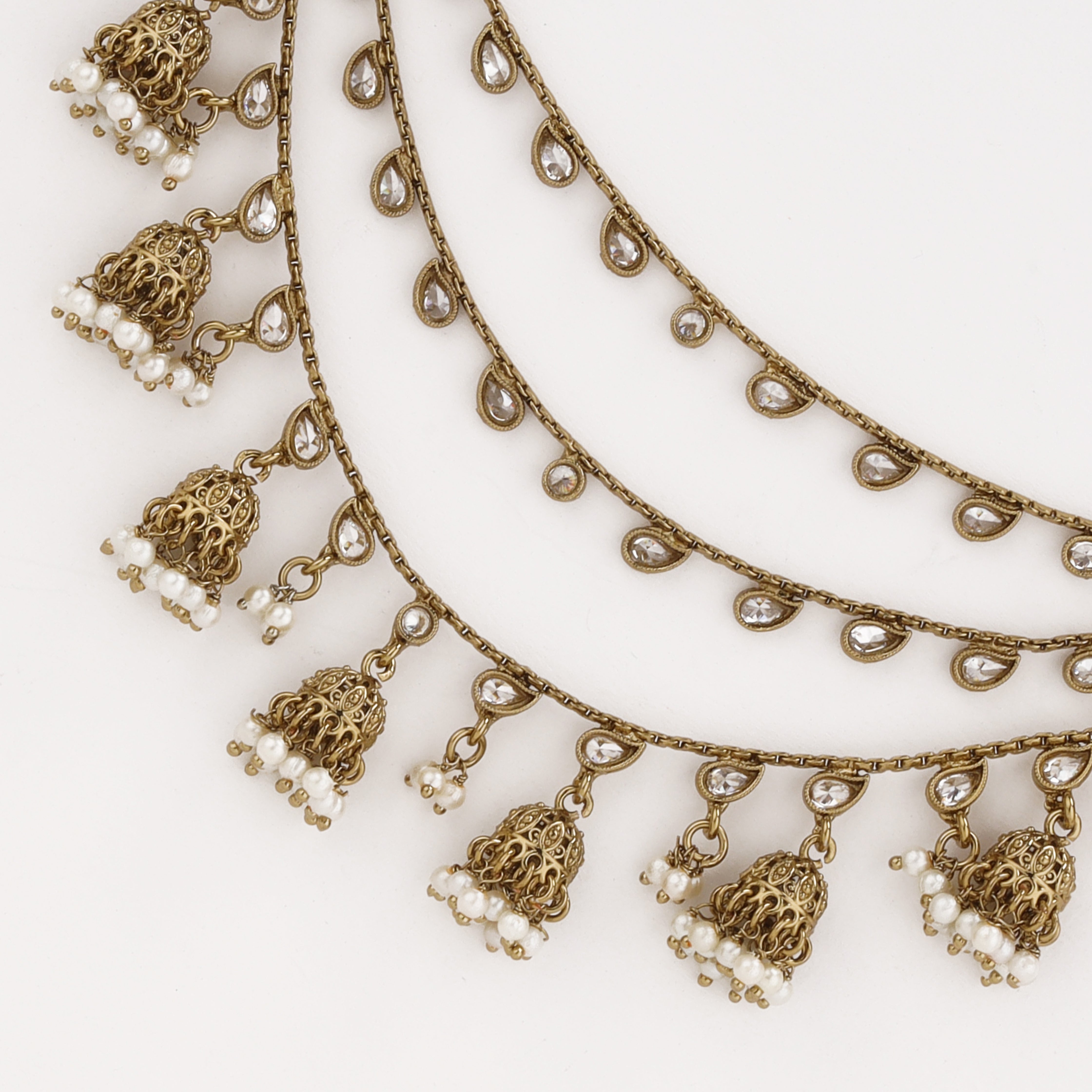 Kundan Pearl Jhumki layered antique gold ear chain with pearl detailing by US Catalog