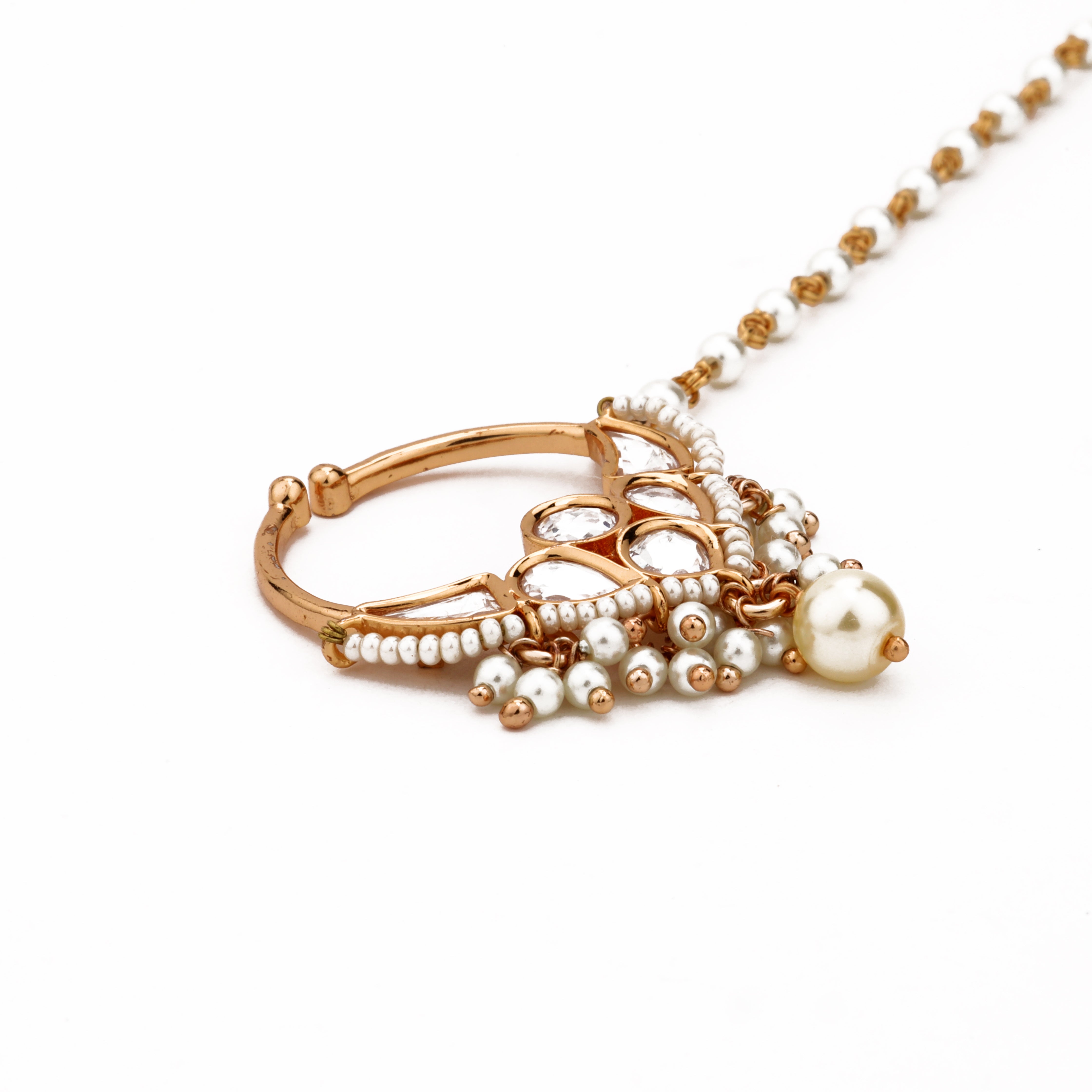 Rose gold Riyara fan motif polki pearl nath with white stones, layered pearl drops and attached beaded chain from US Catalog