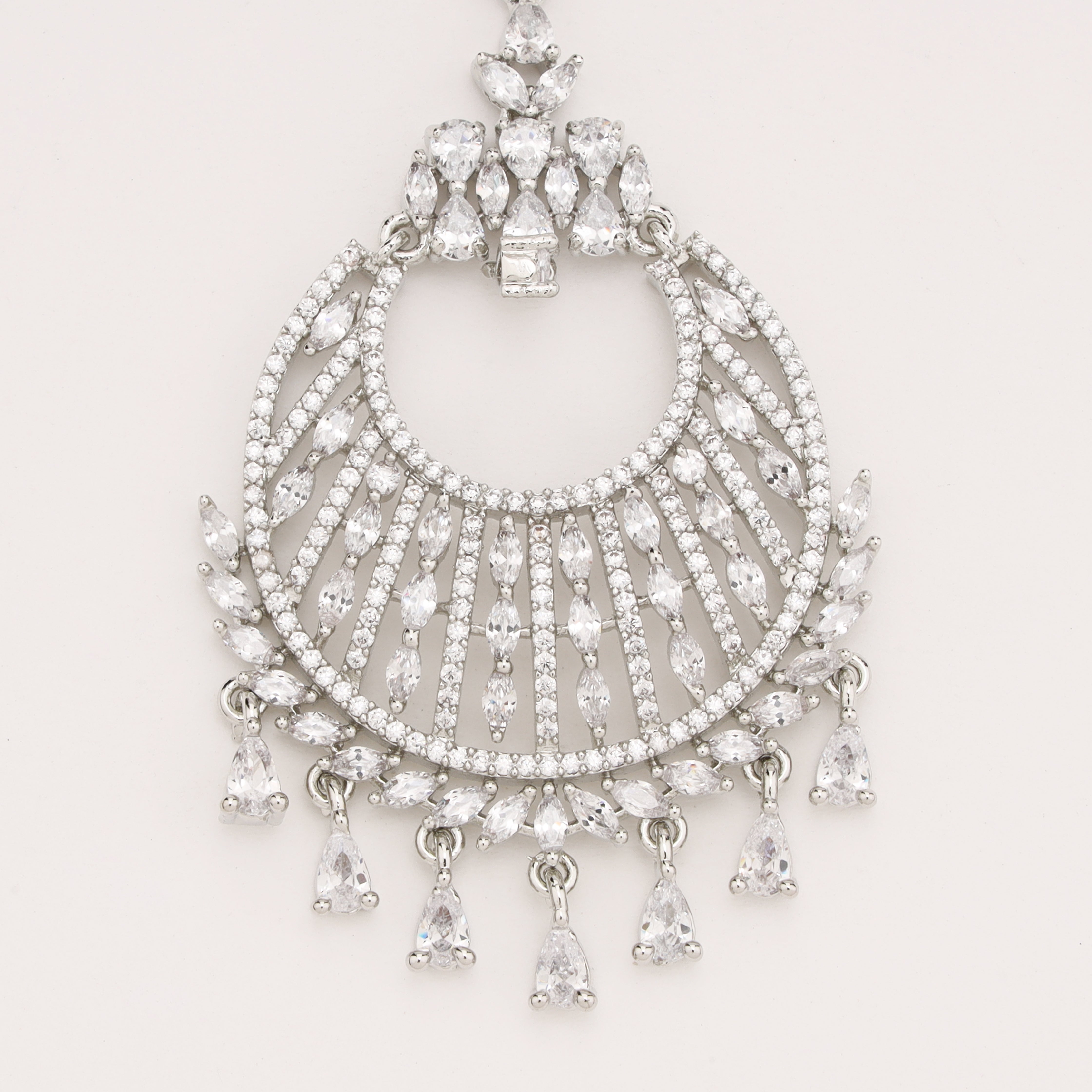 Silver Finish Sunburst Arch American Diamond Maang Tikka with Pear Drops