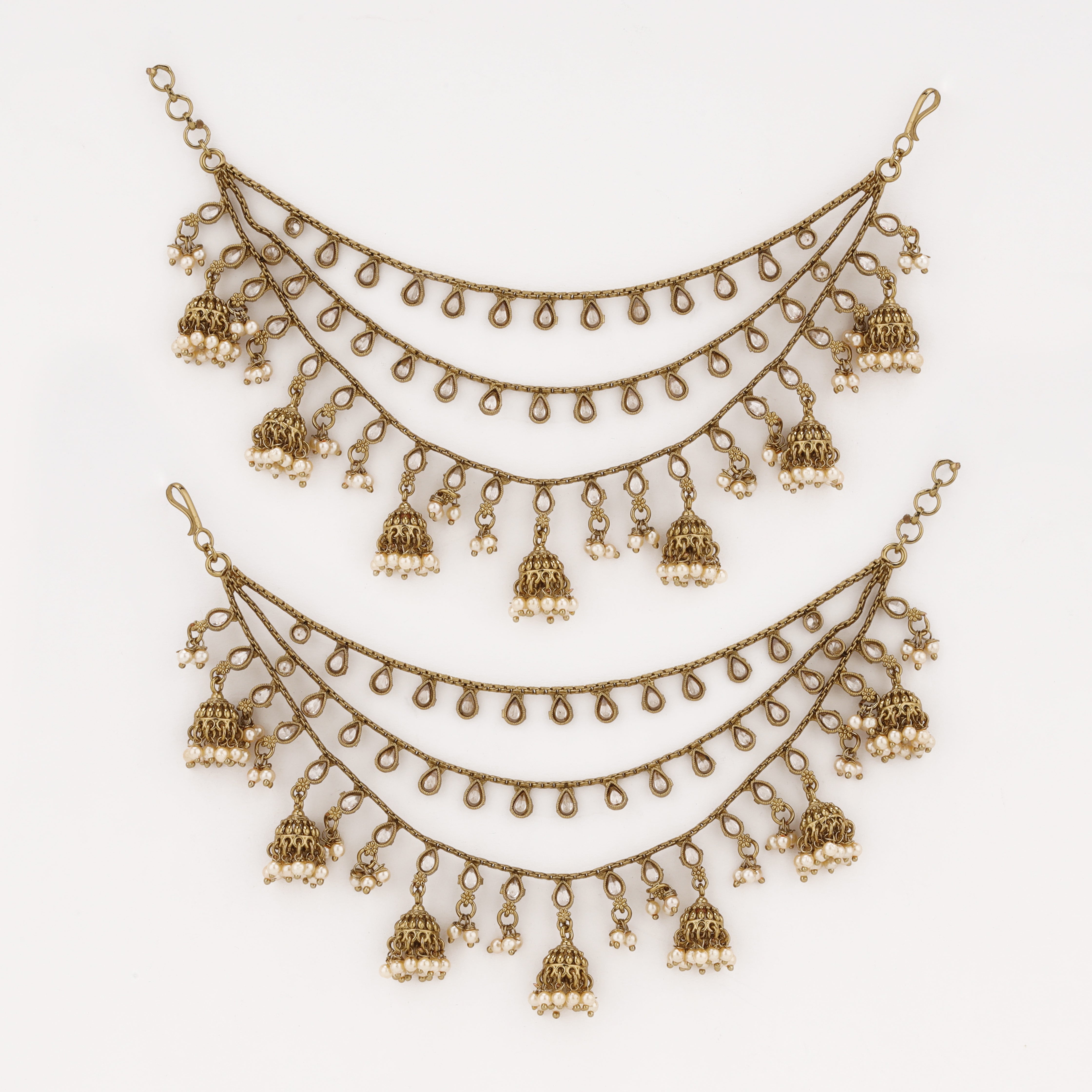 Pearl Jhumki Teardrop layered antique gold ear chain with pearl detailing by US Catalog
