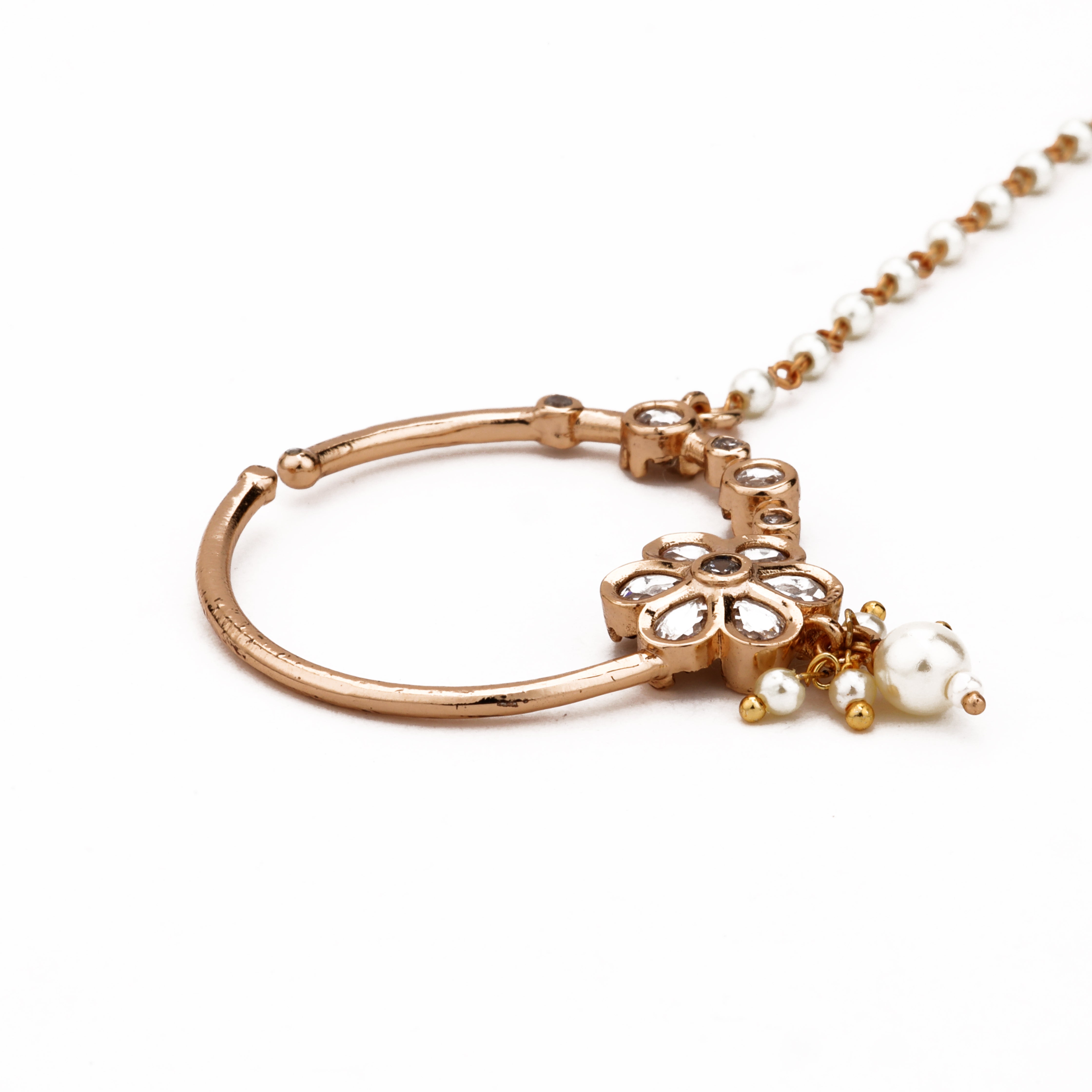 Rose gold Elira floral crystal pearl nath with white stones, pearl drop and attached beaded chain from US Catalog