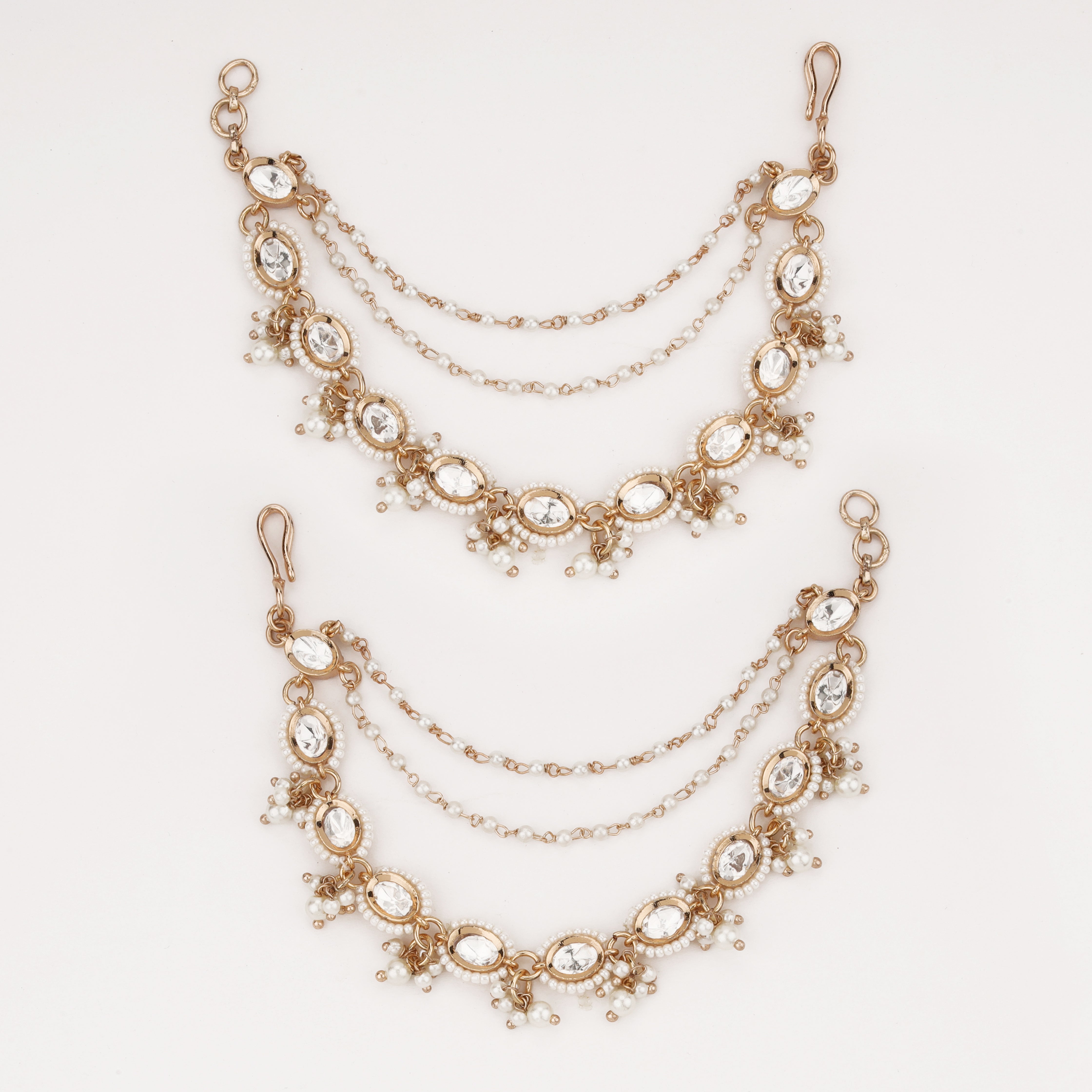 Luxury pearl crystal ear chain with white pearls and sparkling stones for women by US Catalog