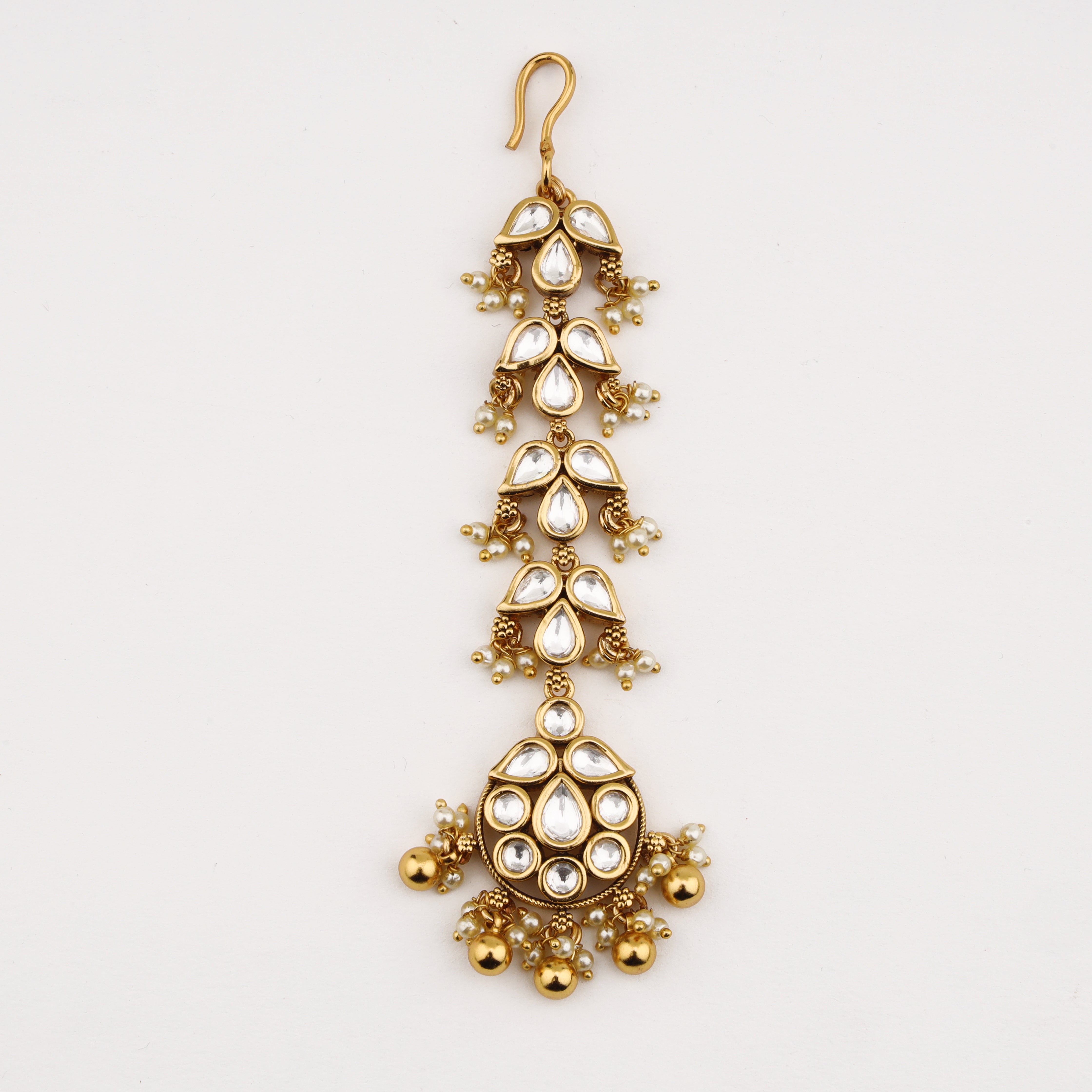 Layered Crystal Pearl Maang Tika with cascading crystal motifs and pearl clusters by US Catalog