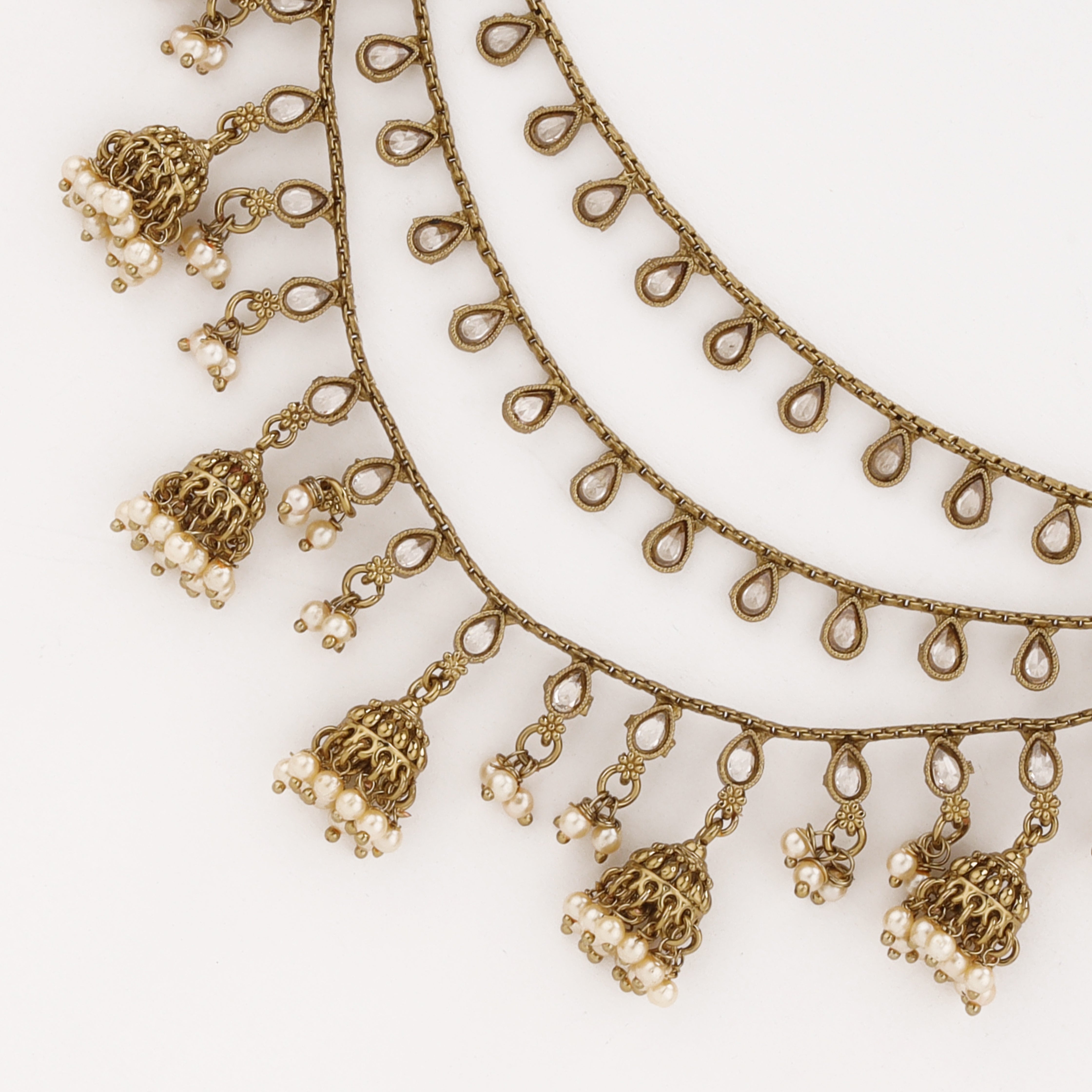 Pearl Jhumki Teardrop layered antique gold ear chain with pearl detailing by US Catalog