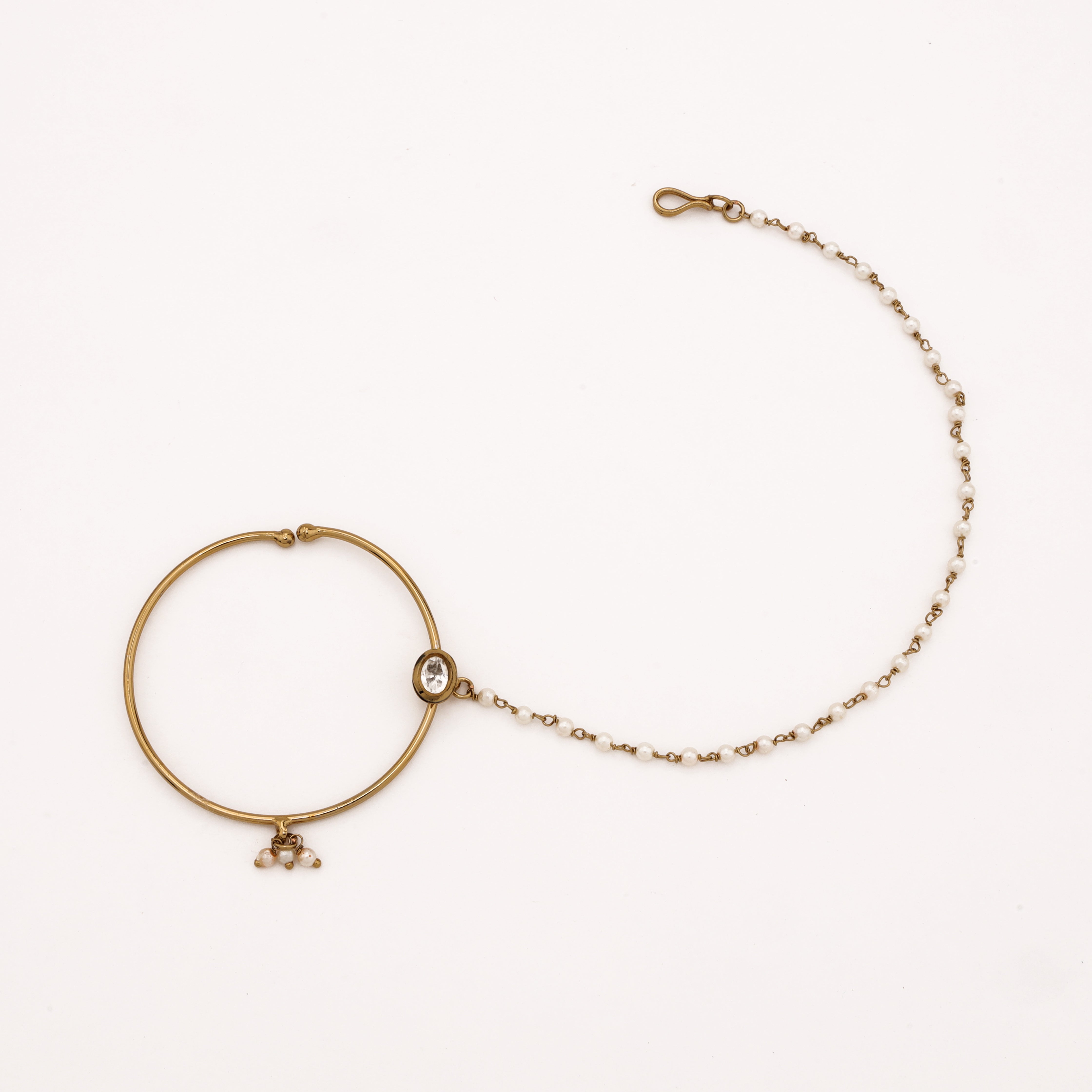 Antique gold Avira oval polki pearl nath with large hoop, white stone, pearl drop and attached beaded chain from US Catalog