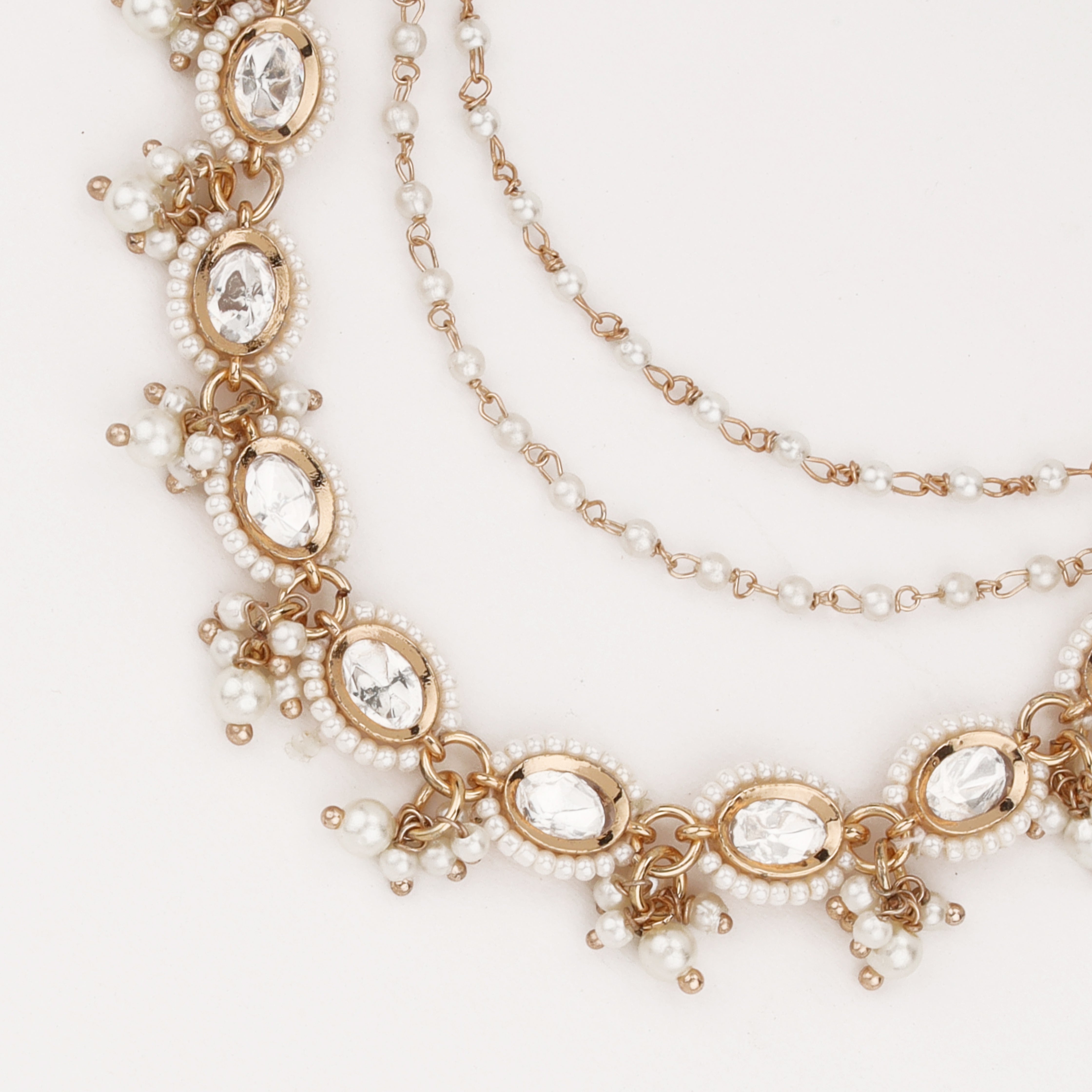 Luxury pearl crystal ear chain with white pearls and sparkling stones for women by US Catalog