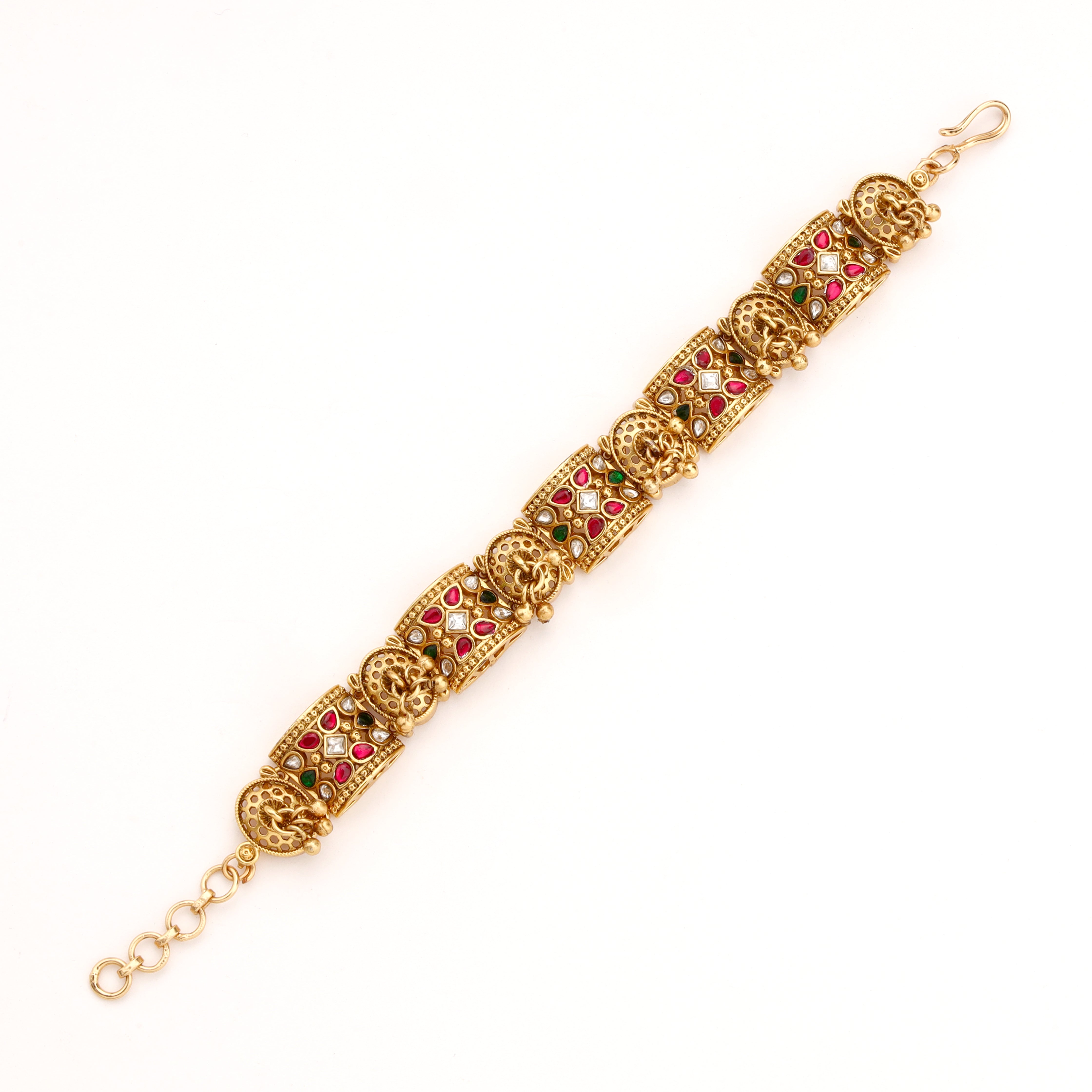 Antique Gold Kundan Navratna Stone Ghungroo Choker Bracelet