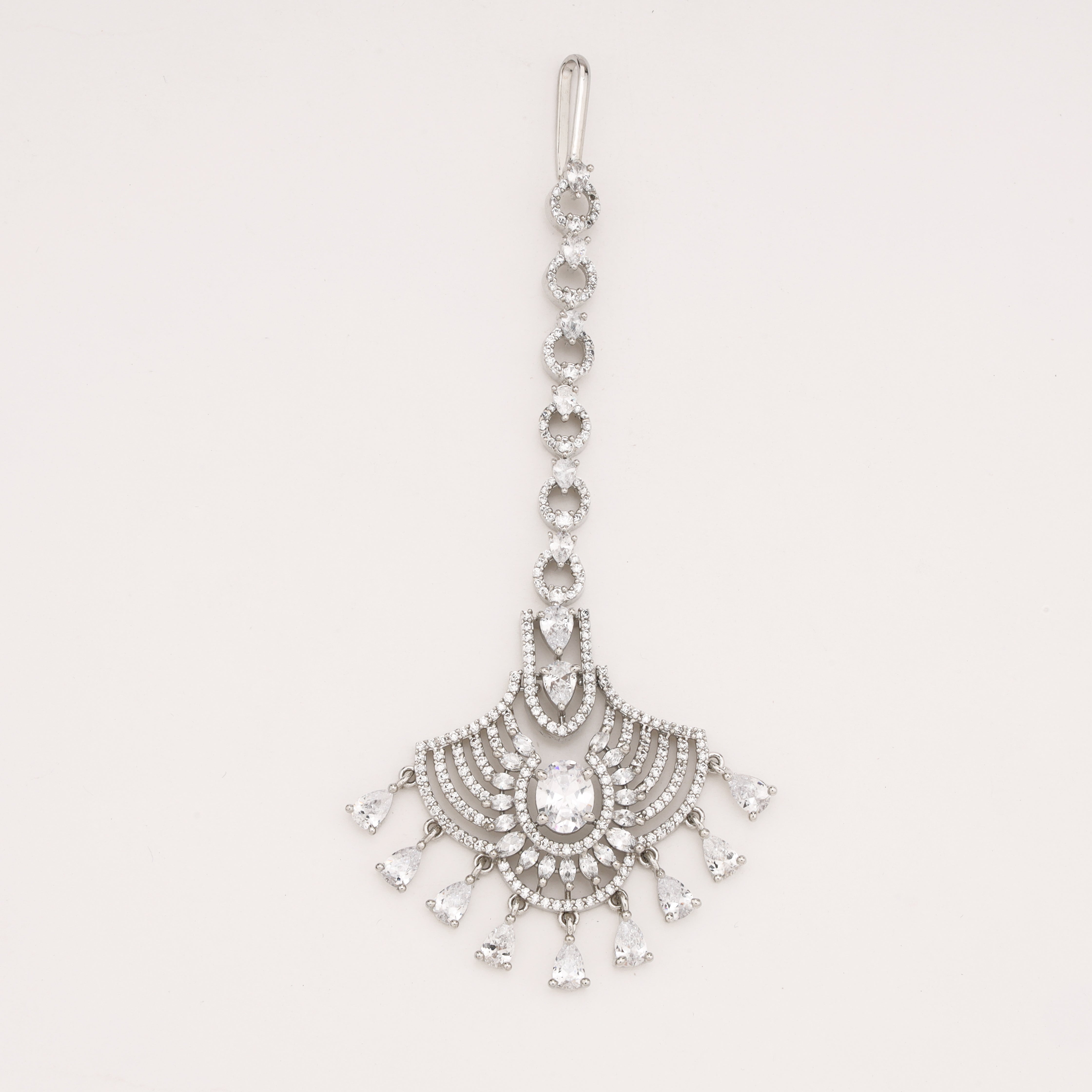 Rose Gold Mint Green Stone American Diamond Fan Maang Tikka with Hanging Drops