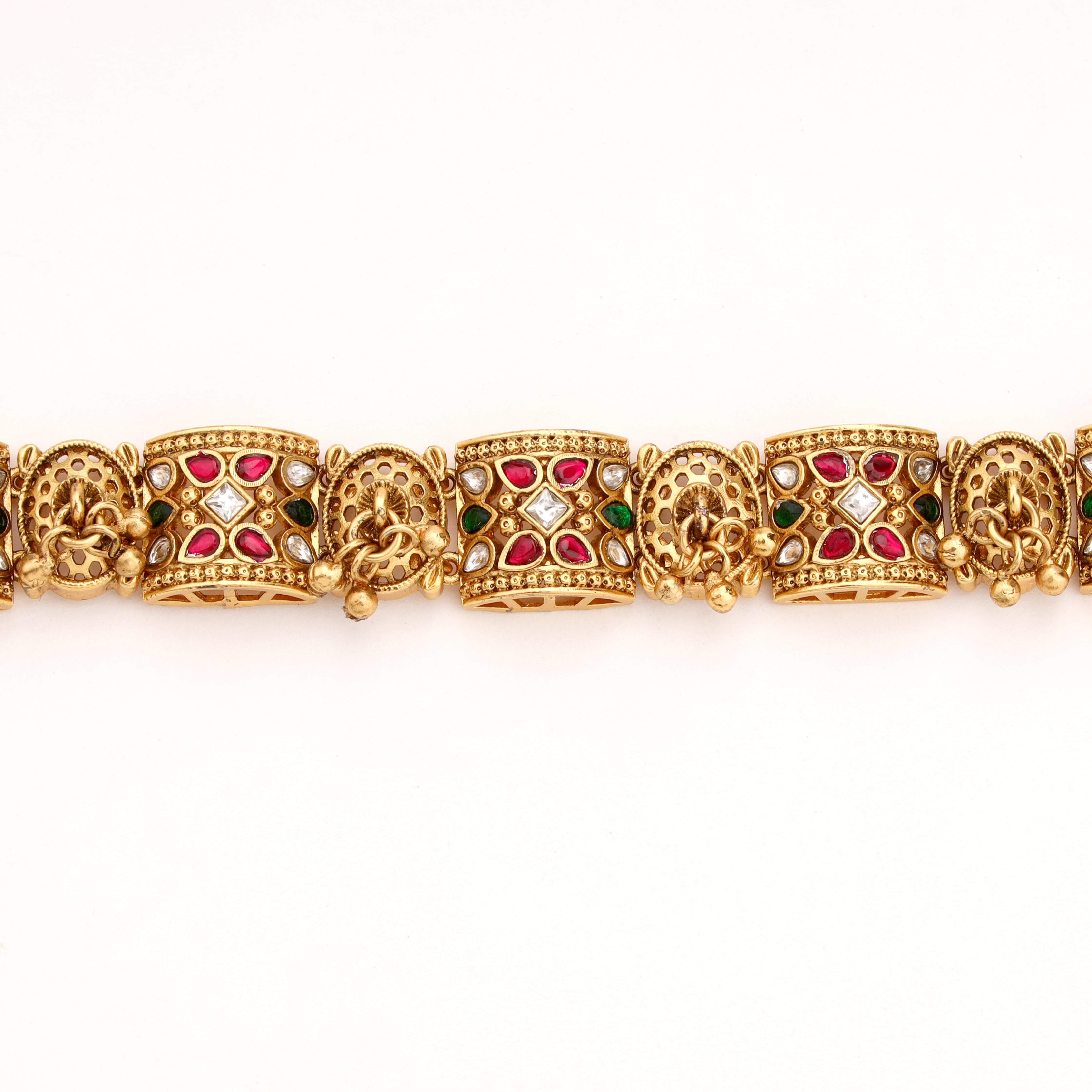 Antique Gold Kundan Navratna Stone Ghungroo Choker Bracelet