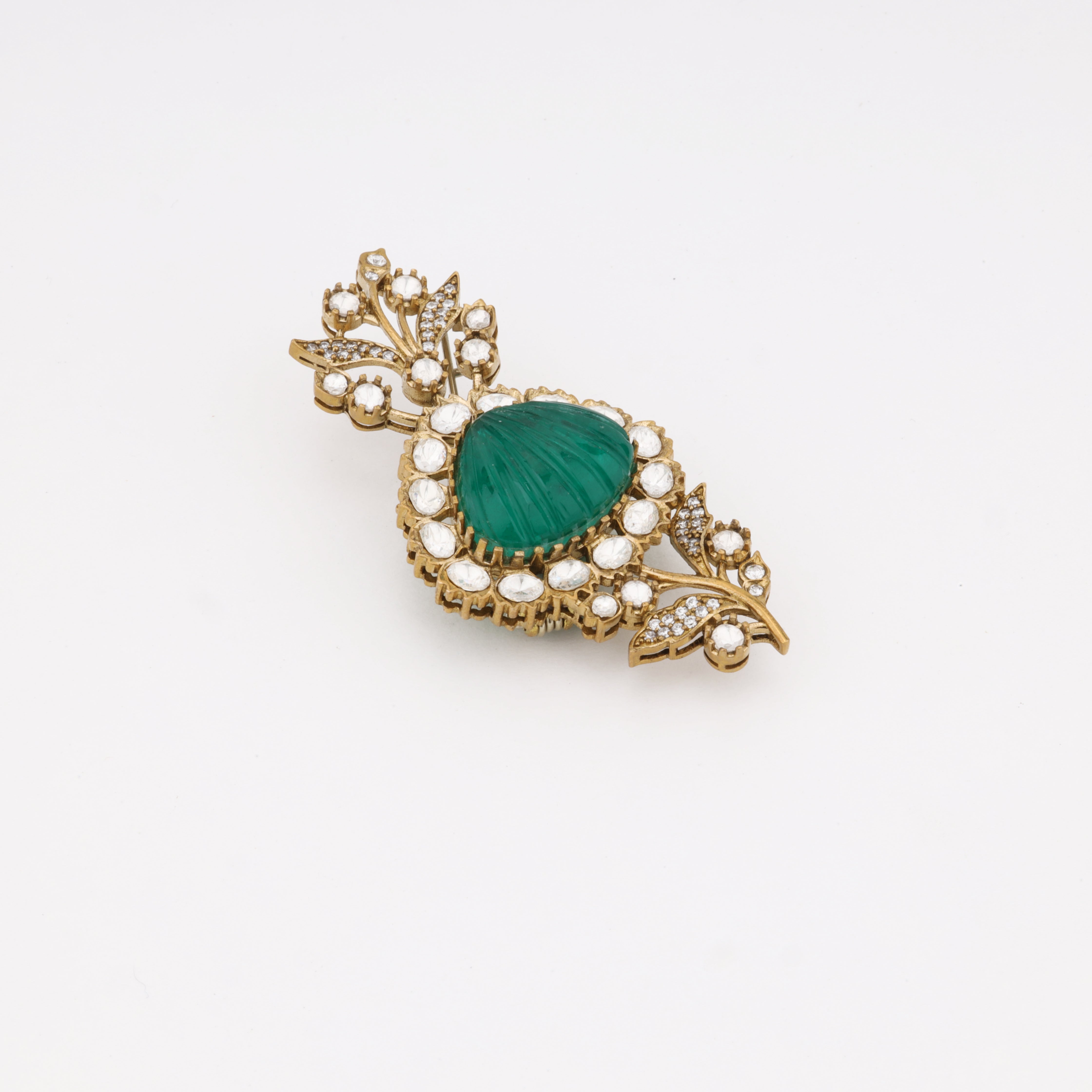 Emerald Blossom Elegance Crystal Floral Brooch – Antique Gold Finish