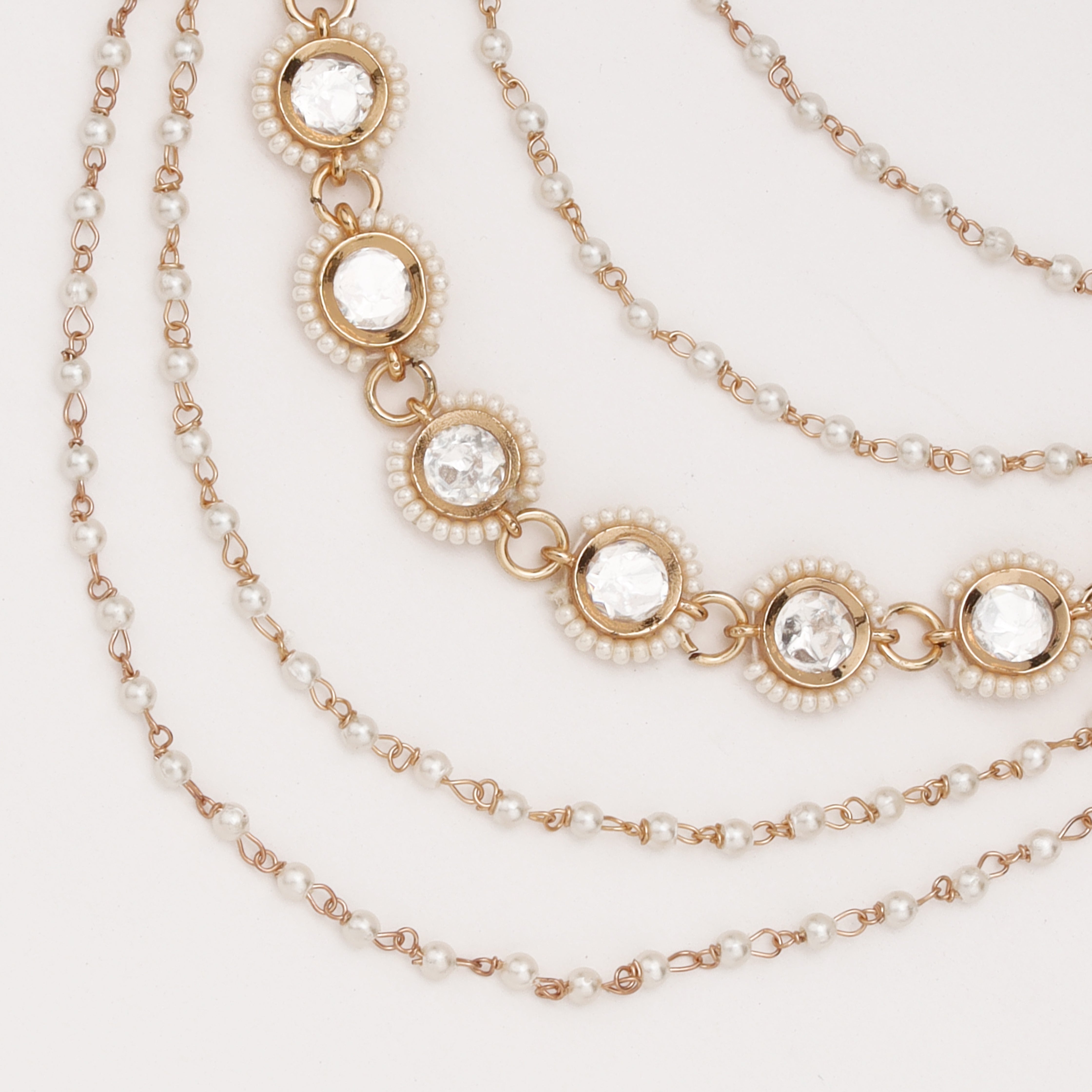 Pearl Halo Layered Ear Chain with crystal halo motifs and layered pearl chains by US Catalog
