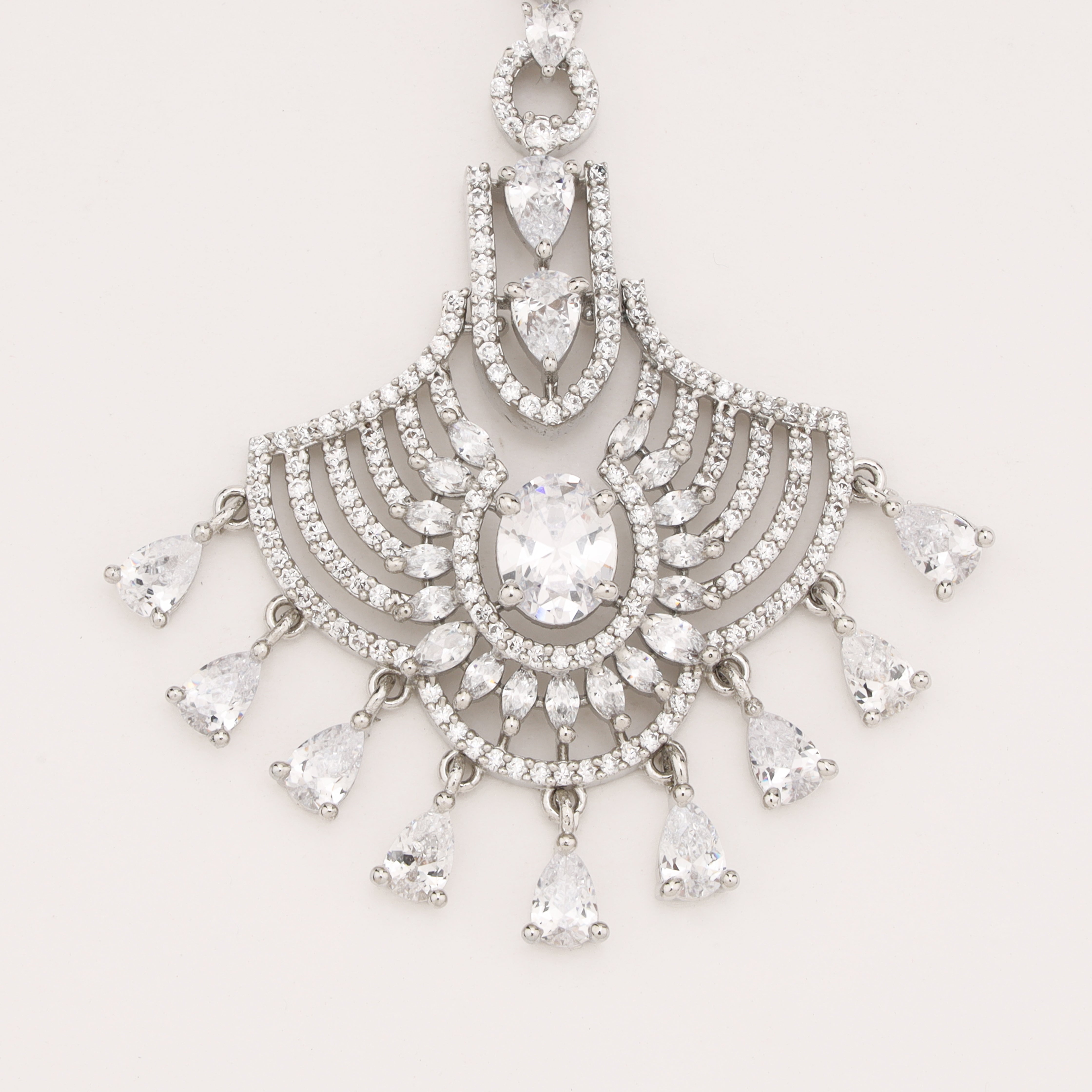 Rose Gold Mint Green Stone American Diamond Fan Maang Tikka with Hanging Drops