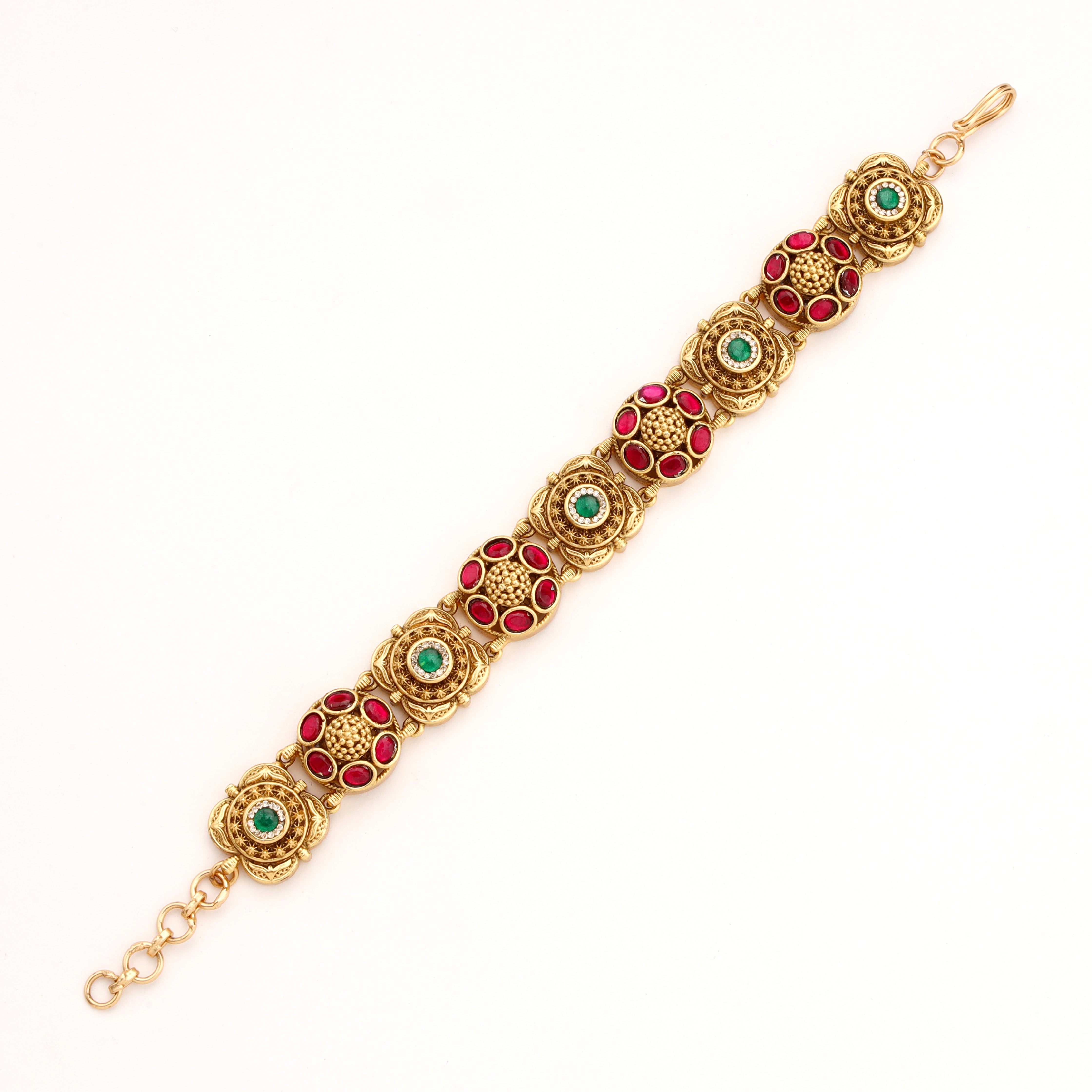 Antique Gold Floral Medallion Stone Articulated Statement Bracelet