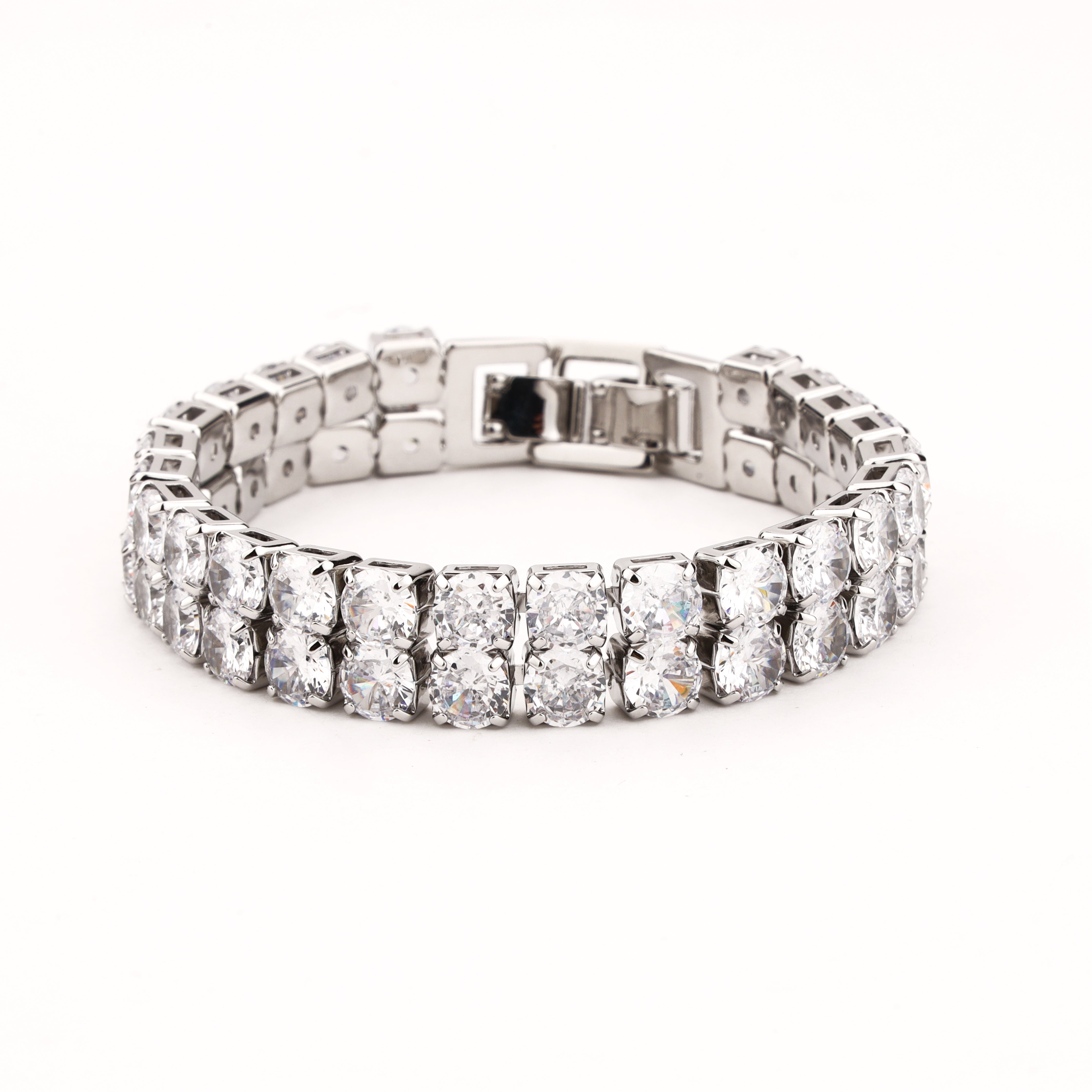 Valencia silver-tone double row bracelet with faceted oval clear crystal stones and secure clasp