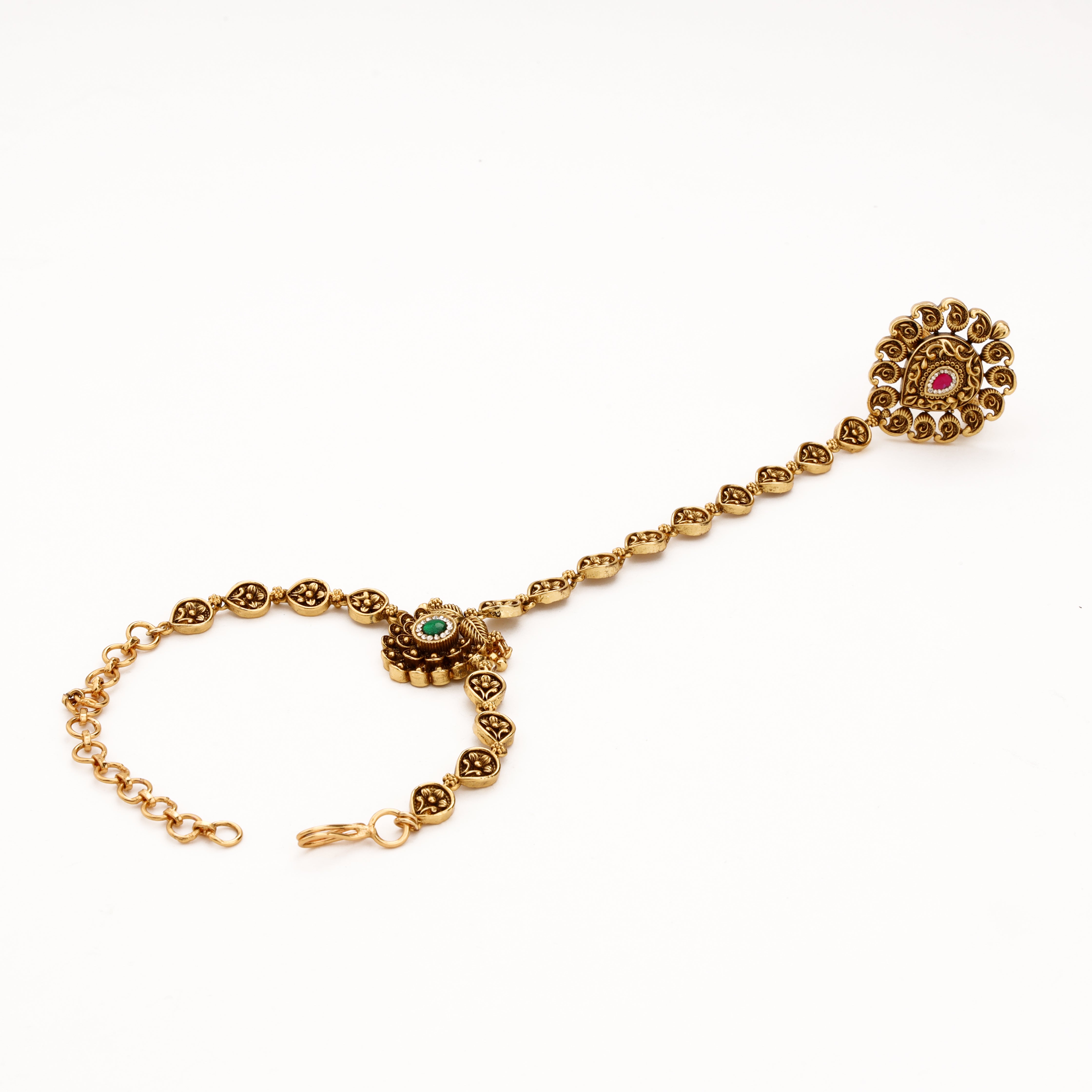 Antique gold paisley pocha with green wrist stone, rani-pink finger-ring accent and adjustable chain