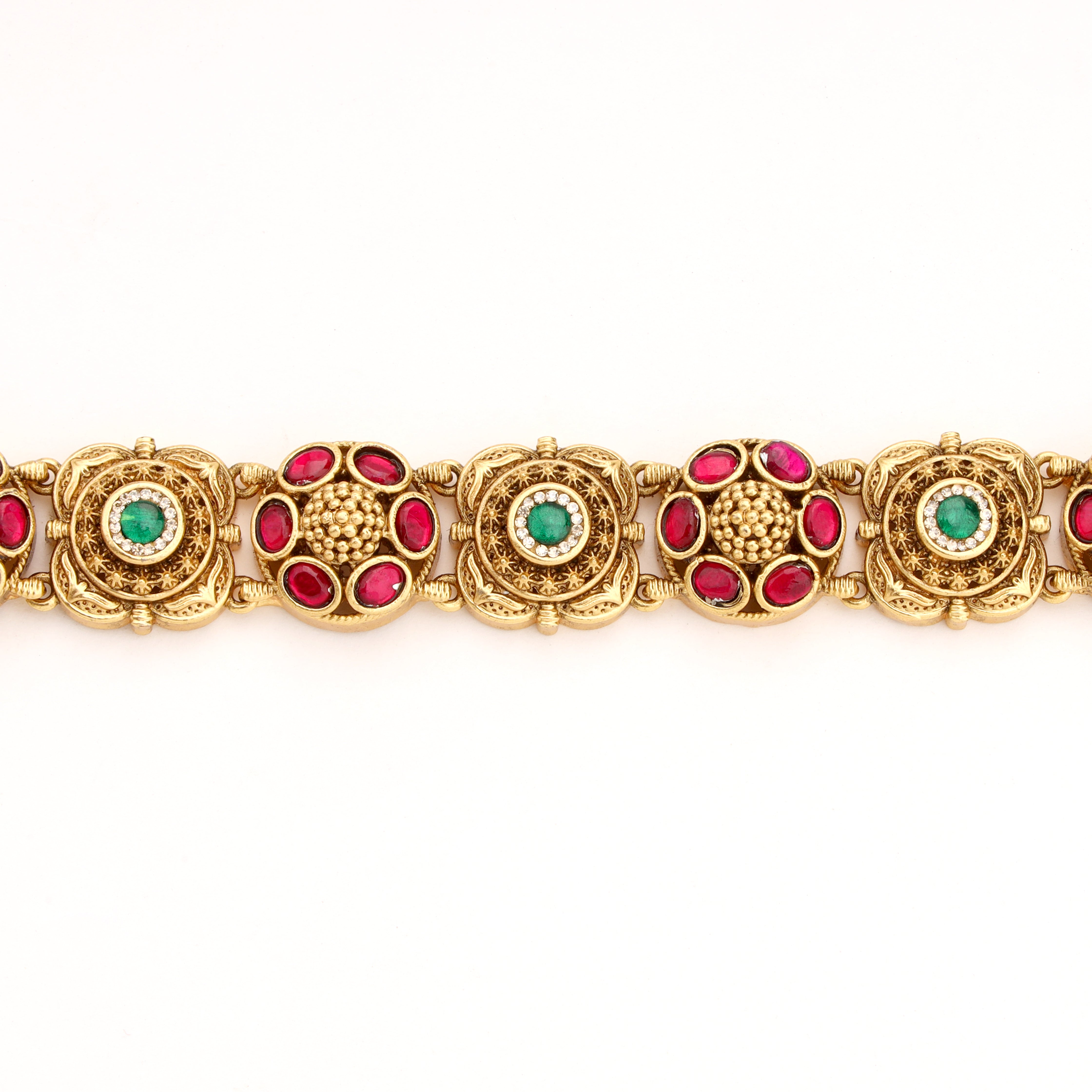 Antique Gold Floral Medallion Stone Articulated Statement Bracelet