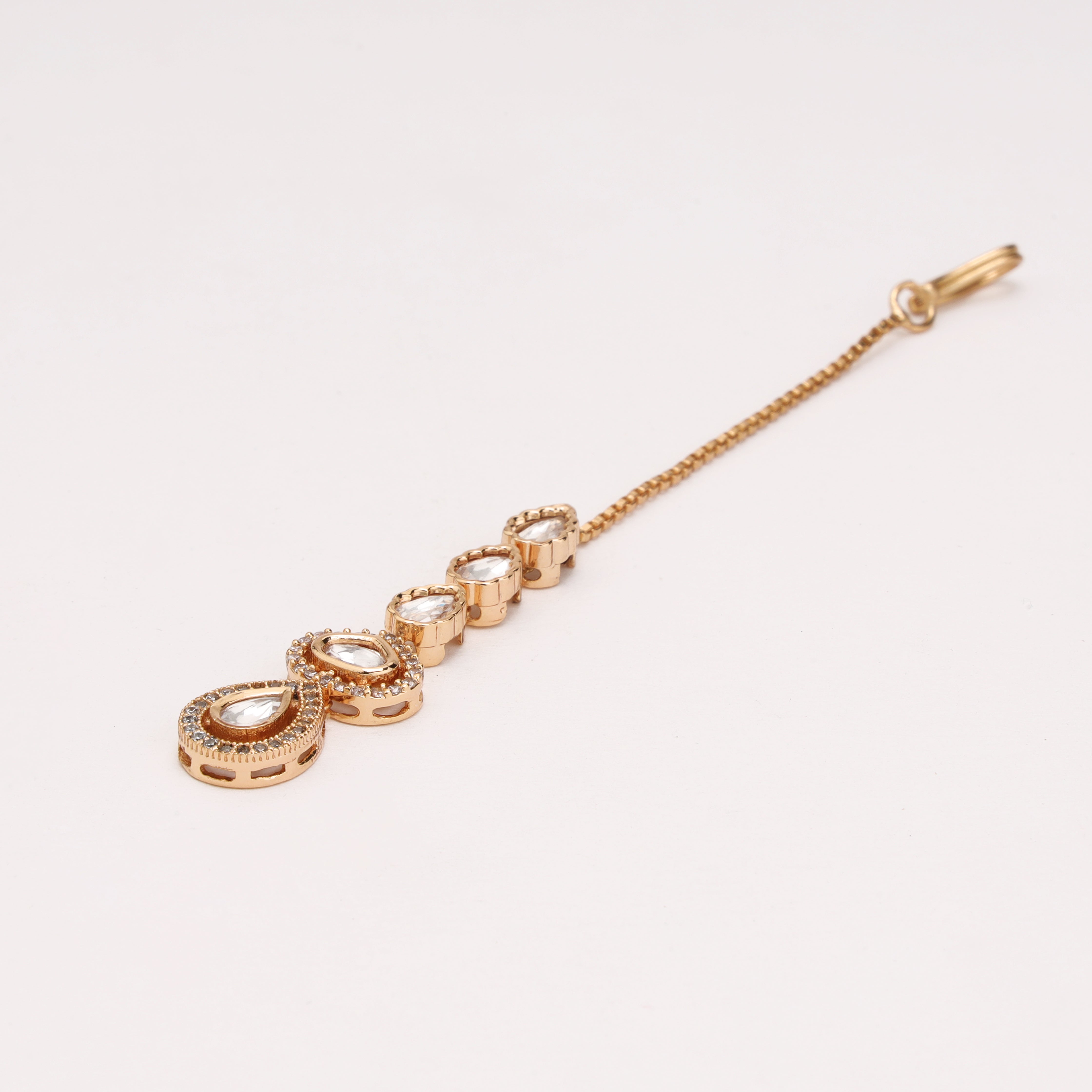 Gold Finish White Kundan Linear Sleek Maang Tikka with Pavé Halo