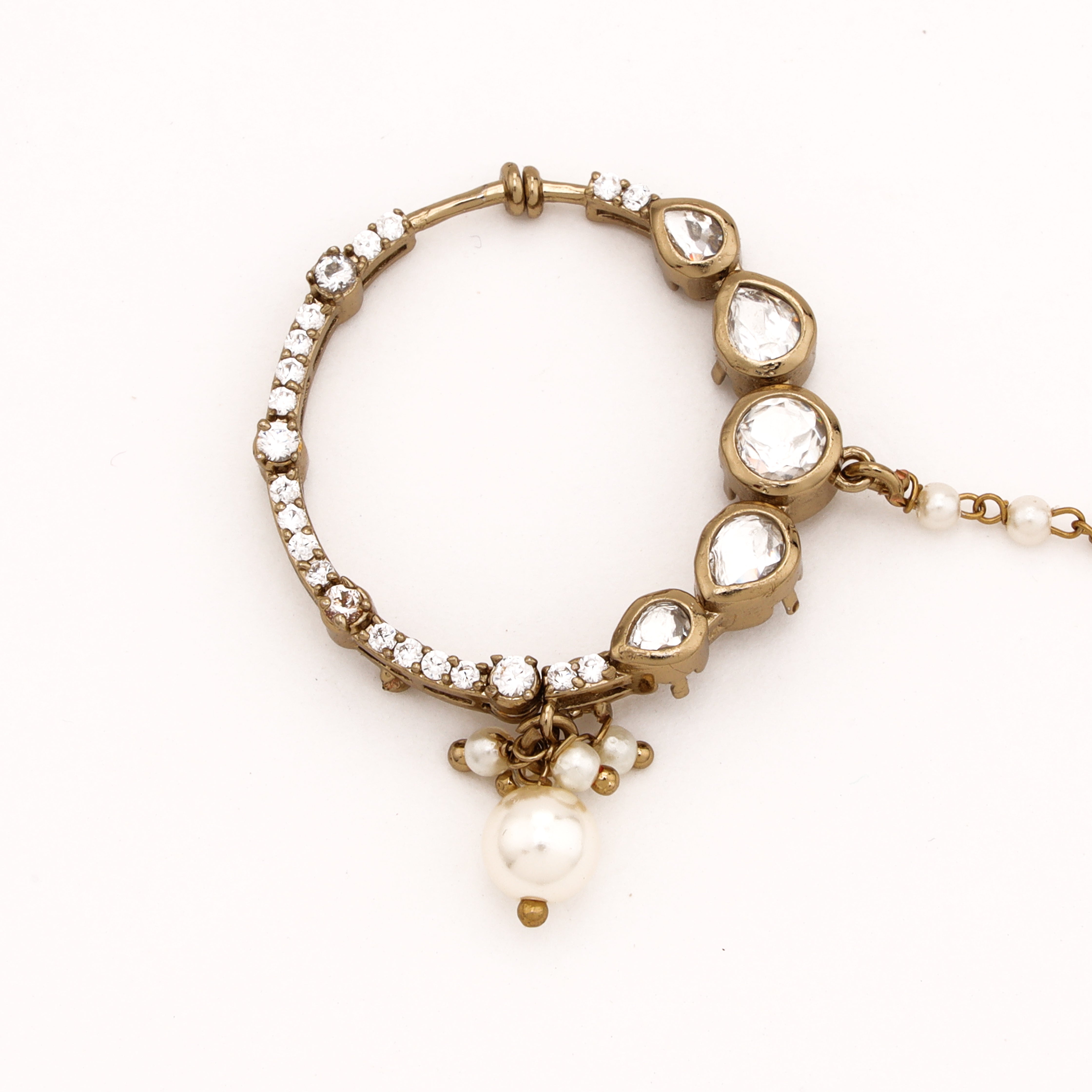 Antique gold Aurelia polki pearl nath with white stones, pearl drop and attached beaded chain from US Catalog
