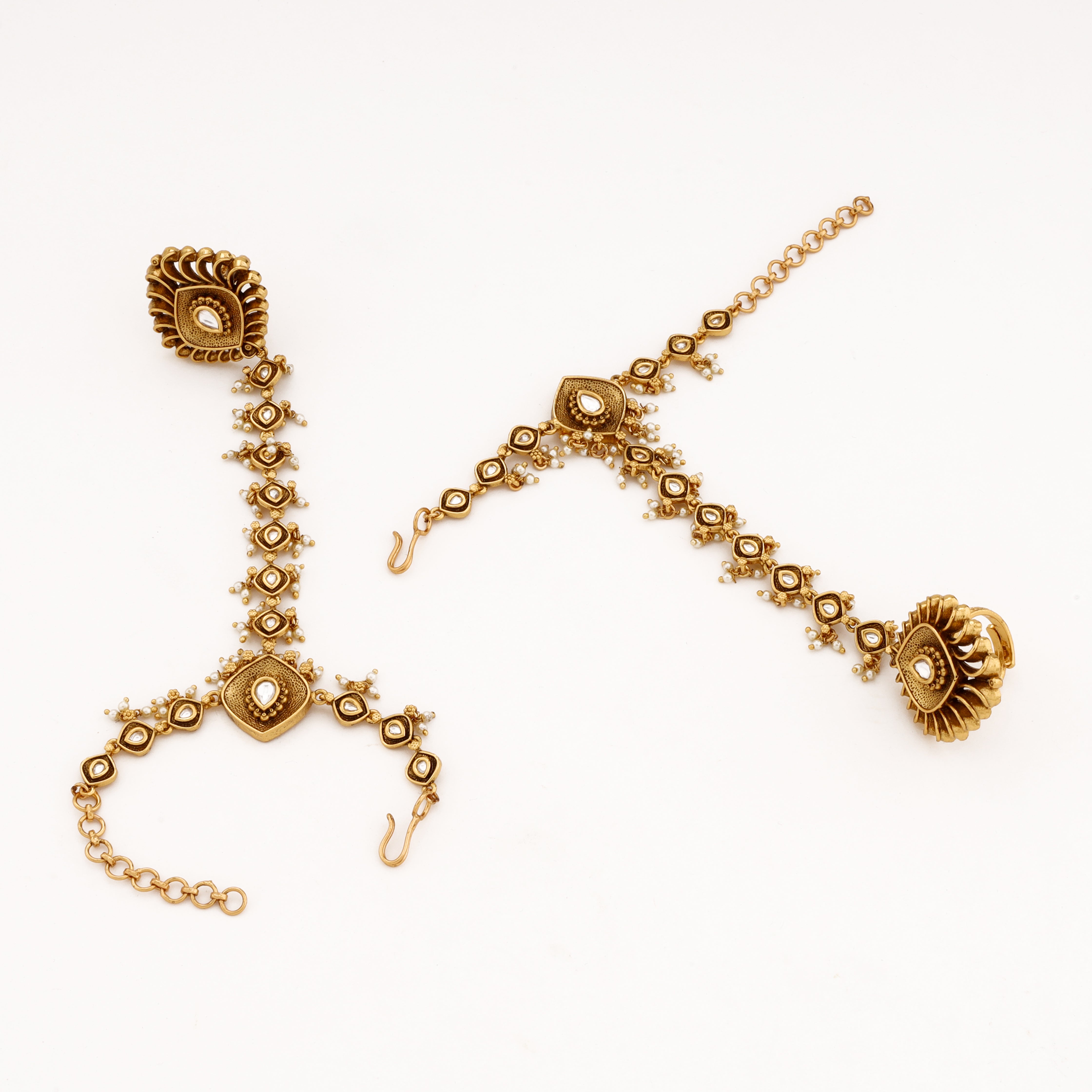 Antique Square Kundan Pearl Hathphool
