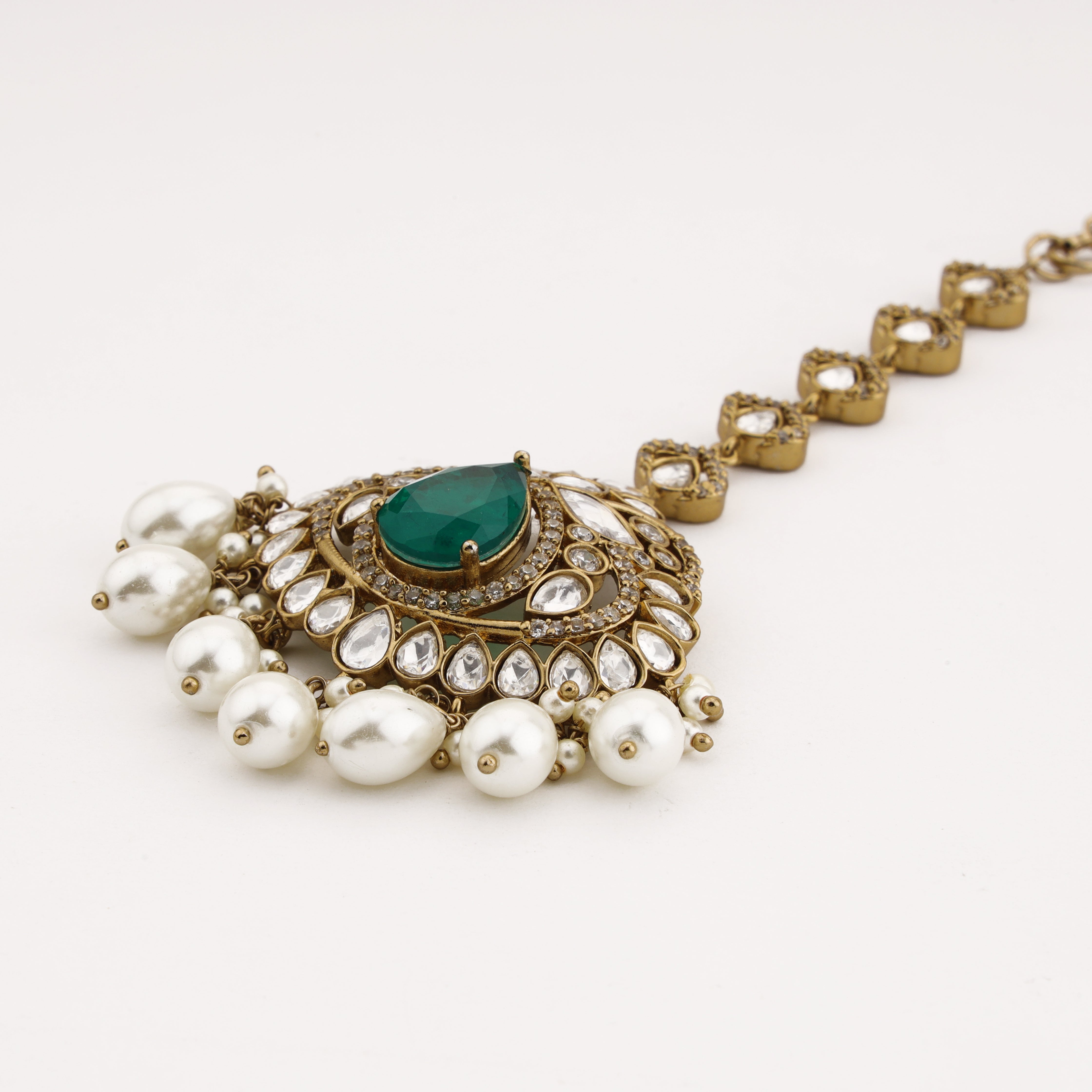 Emerald Pearl Crystal Maang Tika