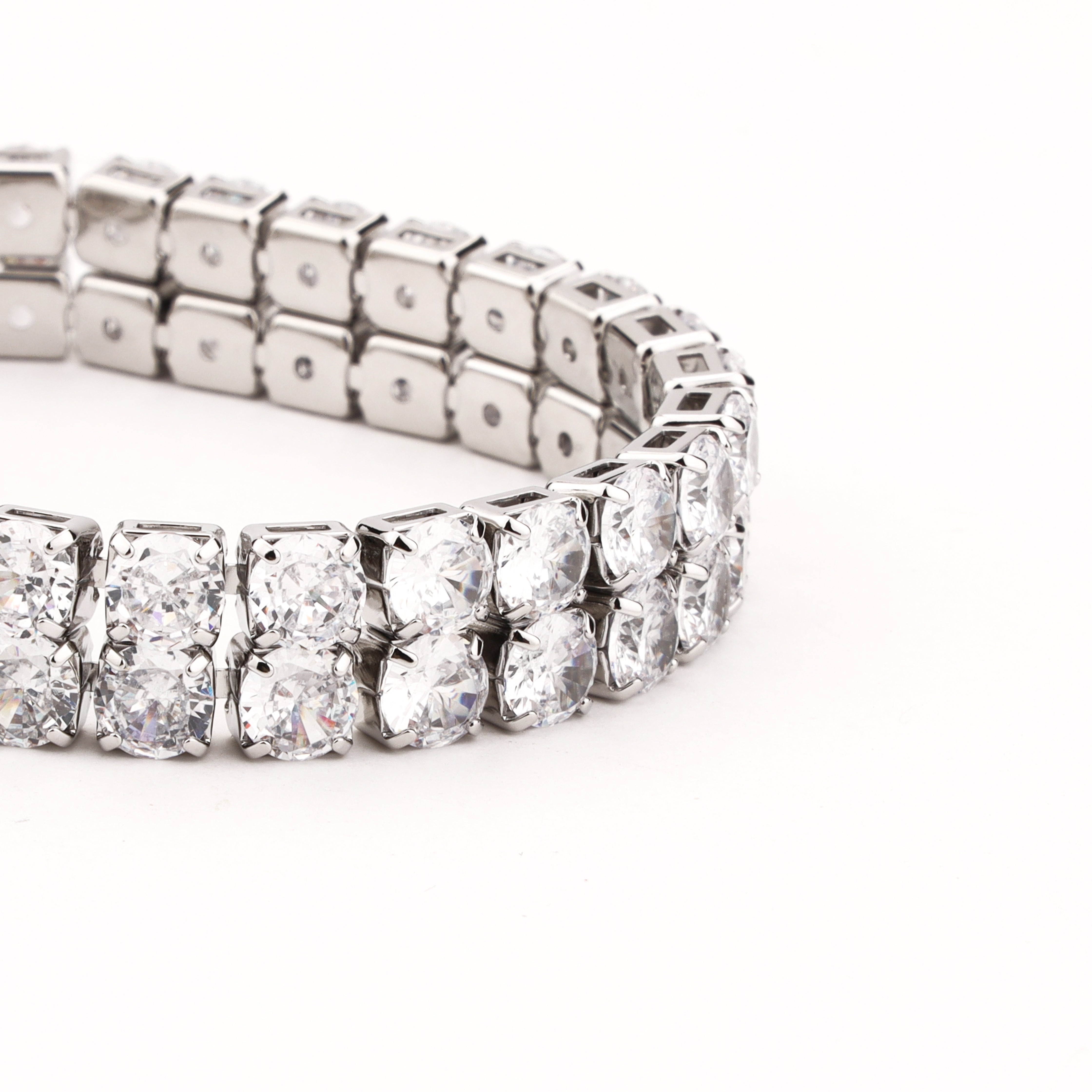 Valencia silver-tone double row bracelet with faceted oval clear crystal stones and secure clasp