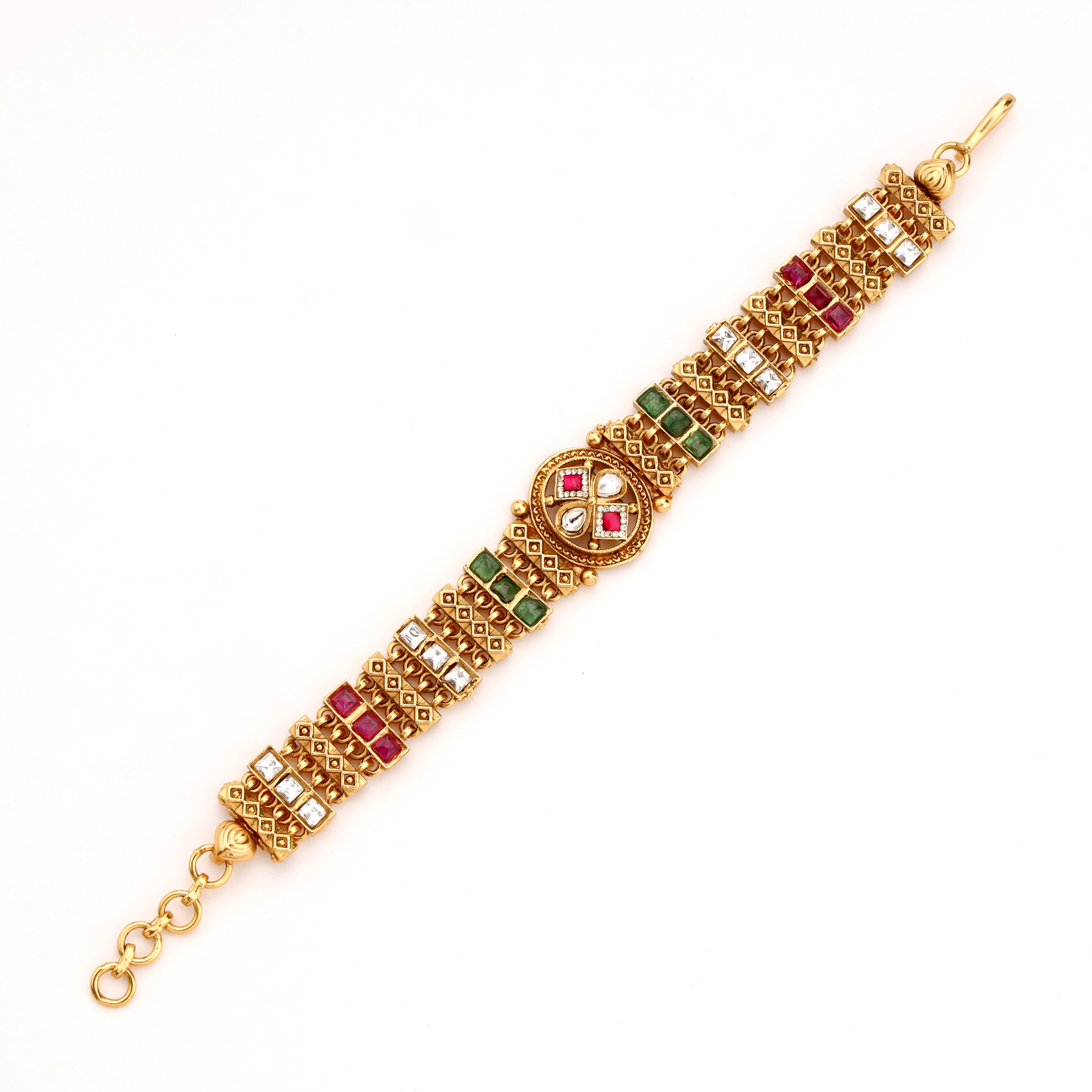 Antique Gold Navratna Stone Medallion Articulated Choker Bracelet