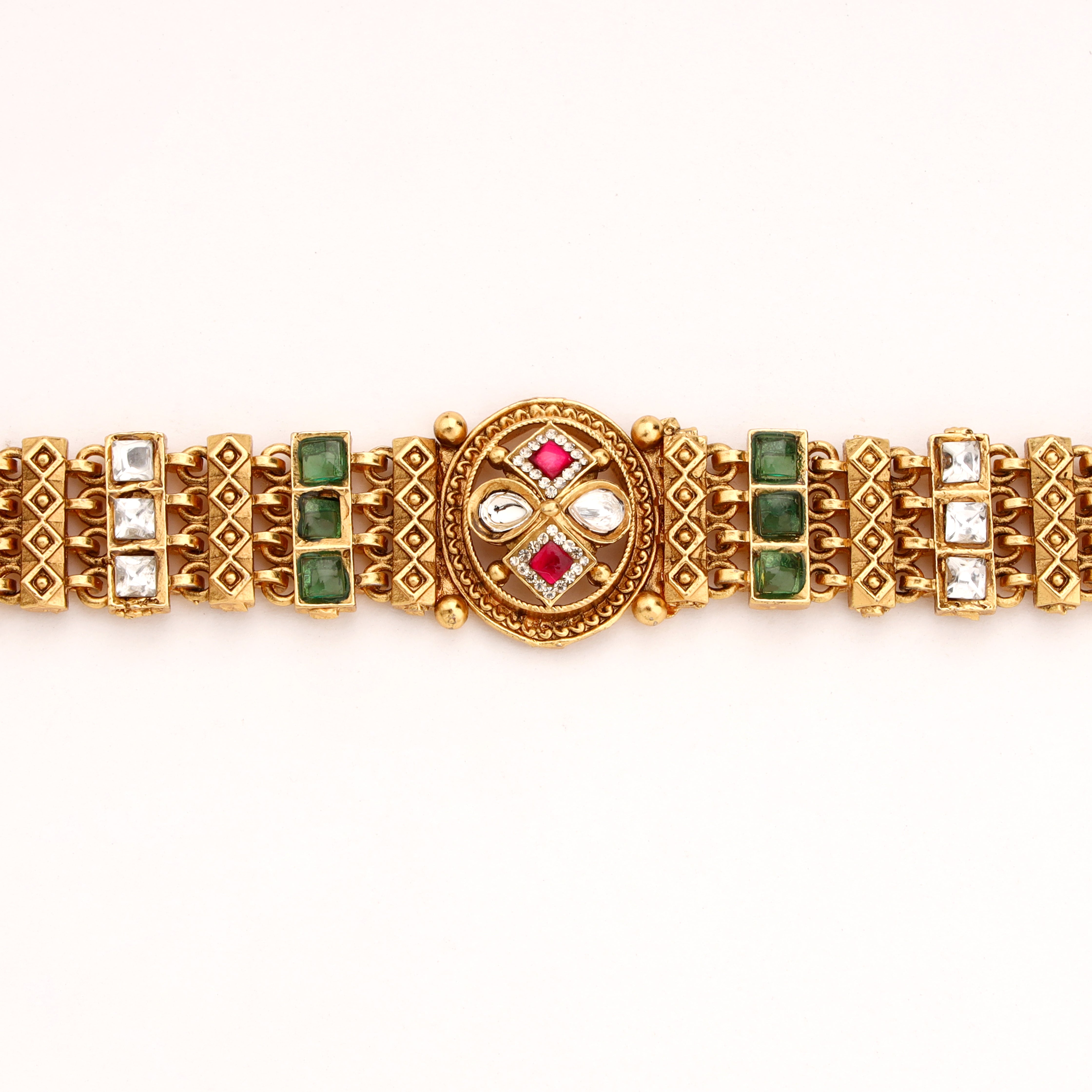 Antique Gold Navratna Stone Medallion Articulated Choker Bracelet