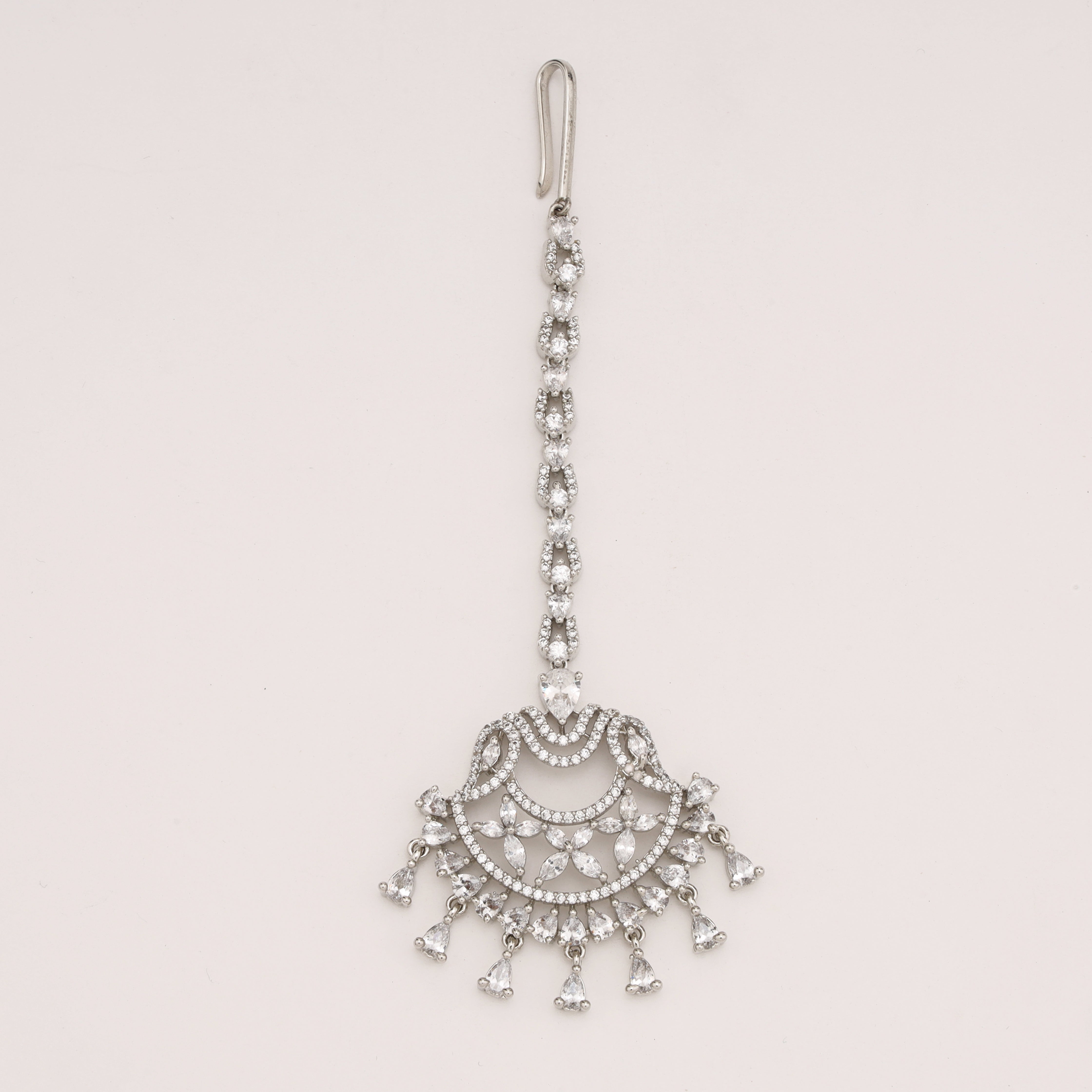 Silver Crescent Arch American Diamond Maang Tikka with Pear Drops