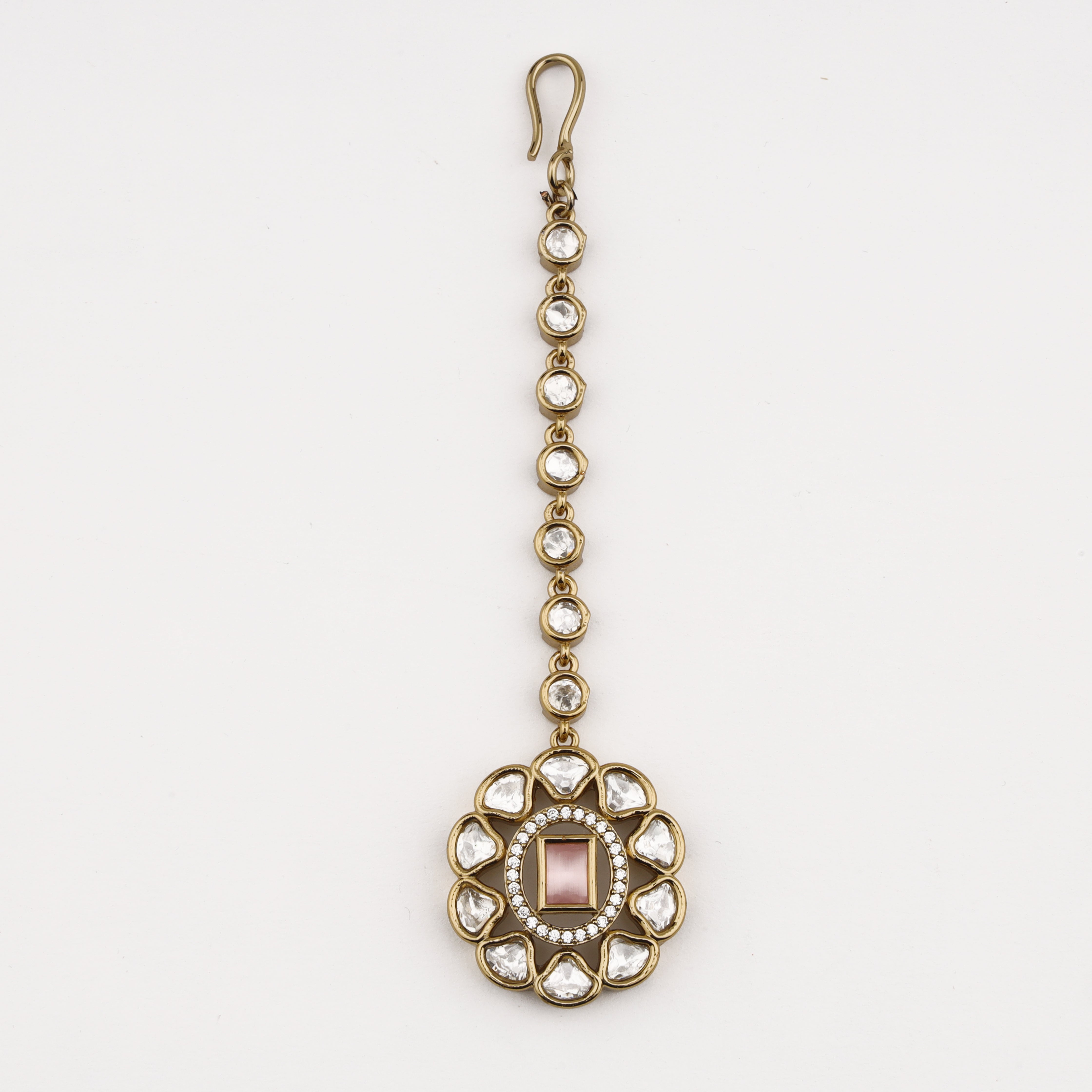 Blush Crystal Floral Maang Tika with pink center stone and crystal floral design by US Catalog