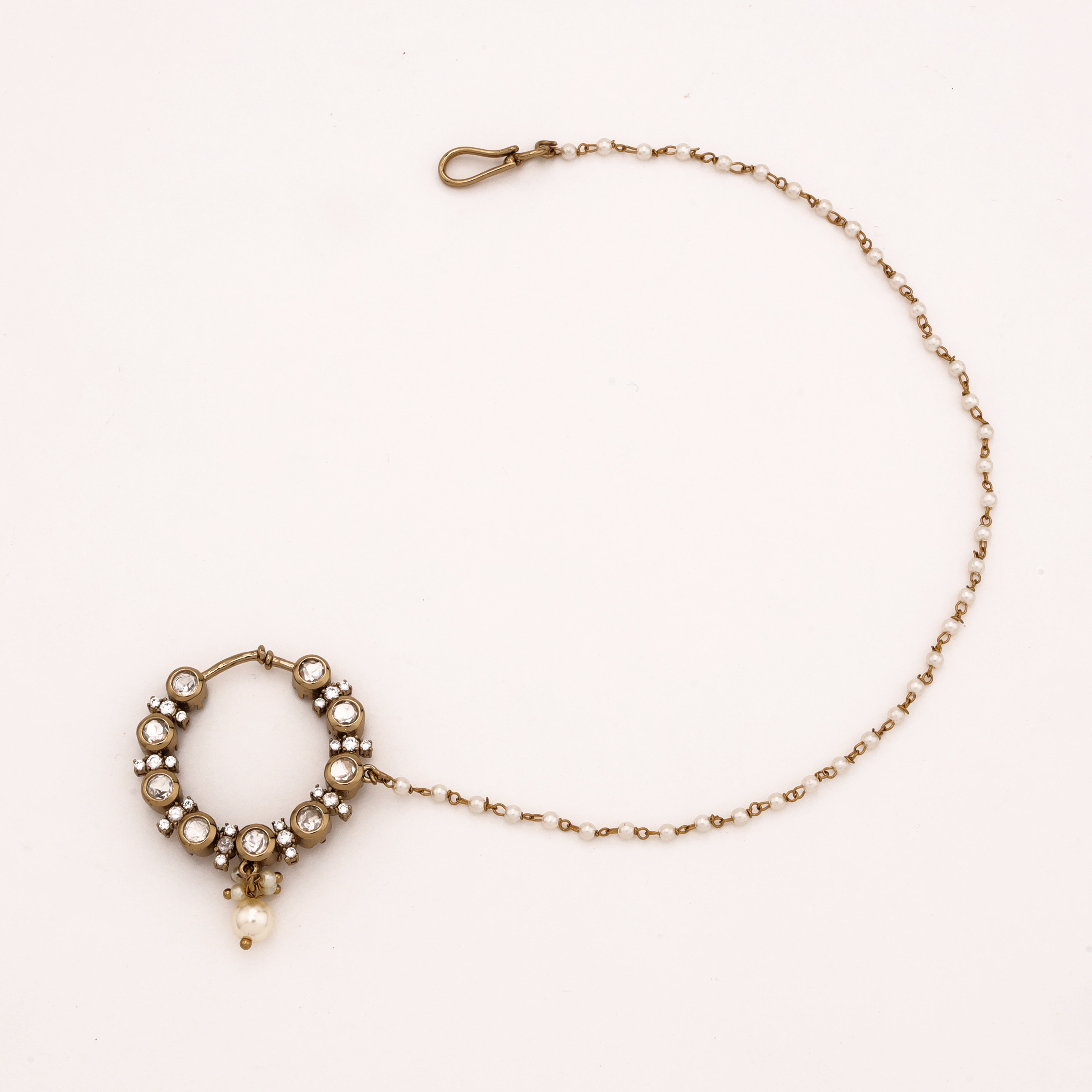Antique gold Meher floral polki pearl nath with white stones, crystal flower accents and attached beaded chain from US Catalog